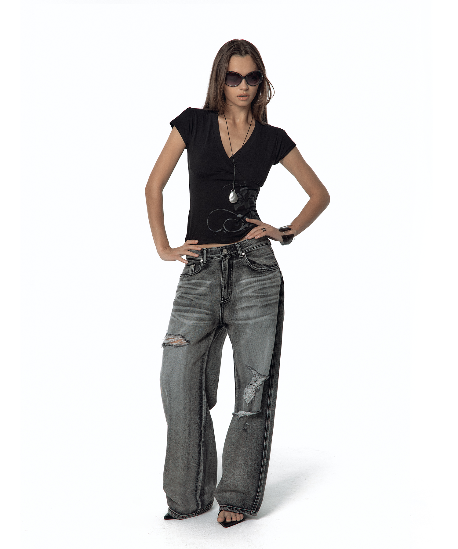Milk Ripped Wide Jeans Light Gray