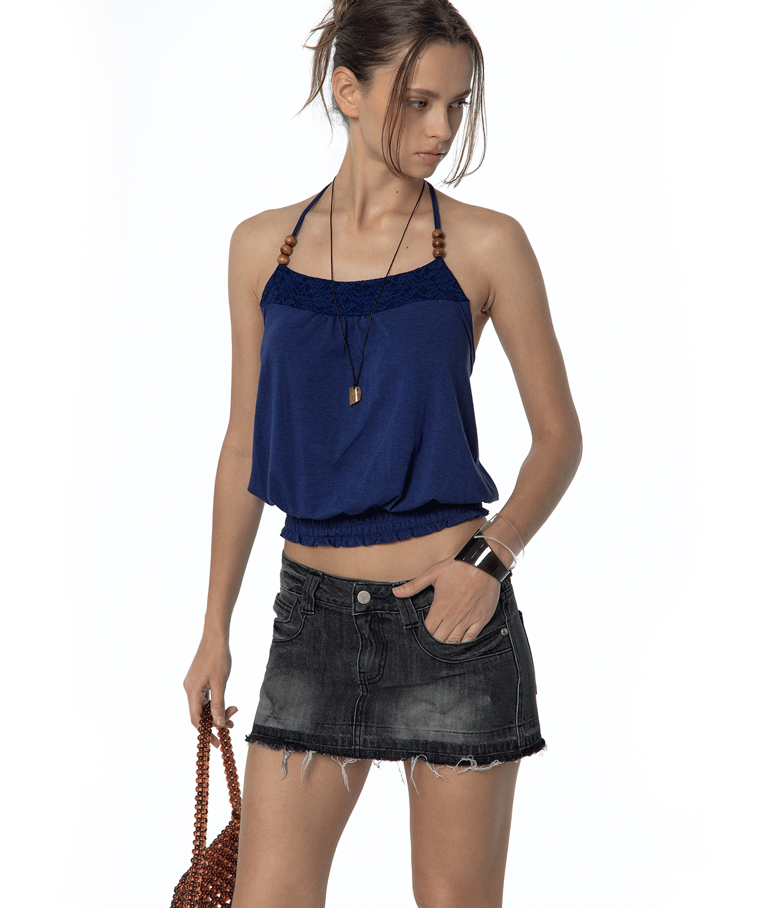 Beadwork Halter Top Deep Blue