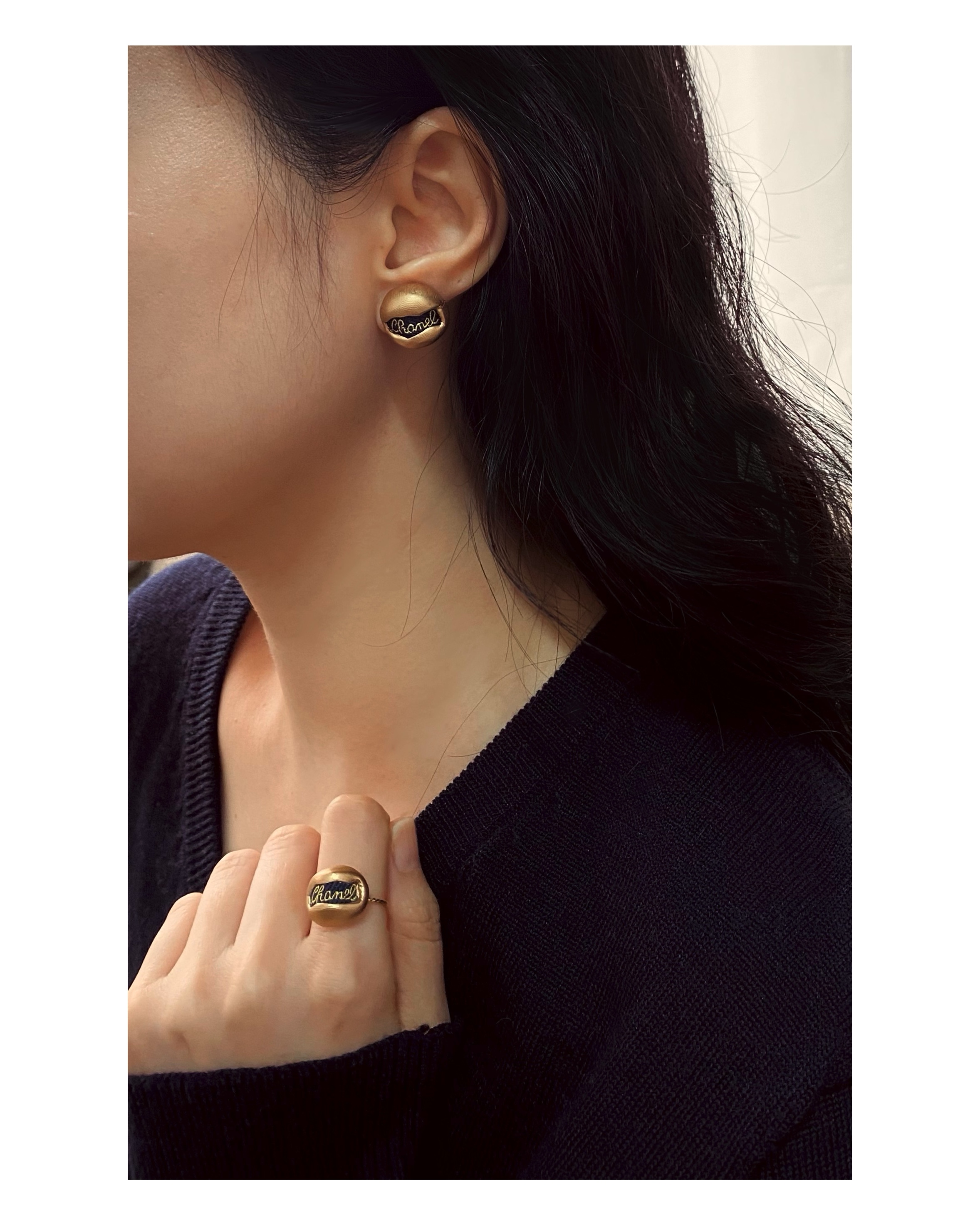 CHANEL navy silk Initial clip on earring no.20