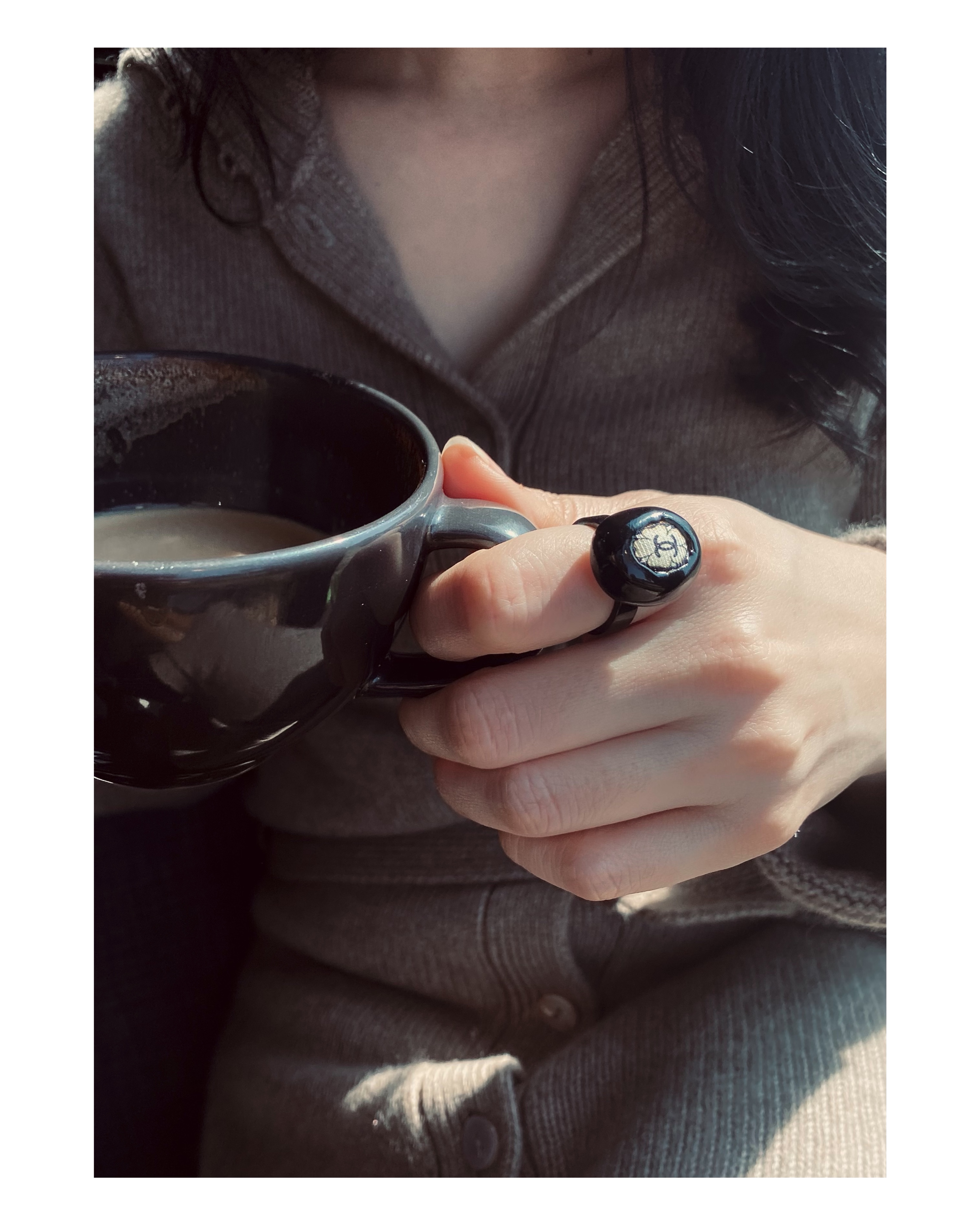 CHANEL black oval flower CC ring no.22