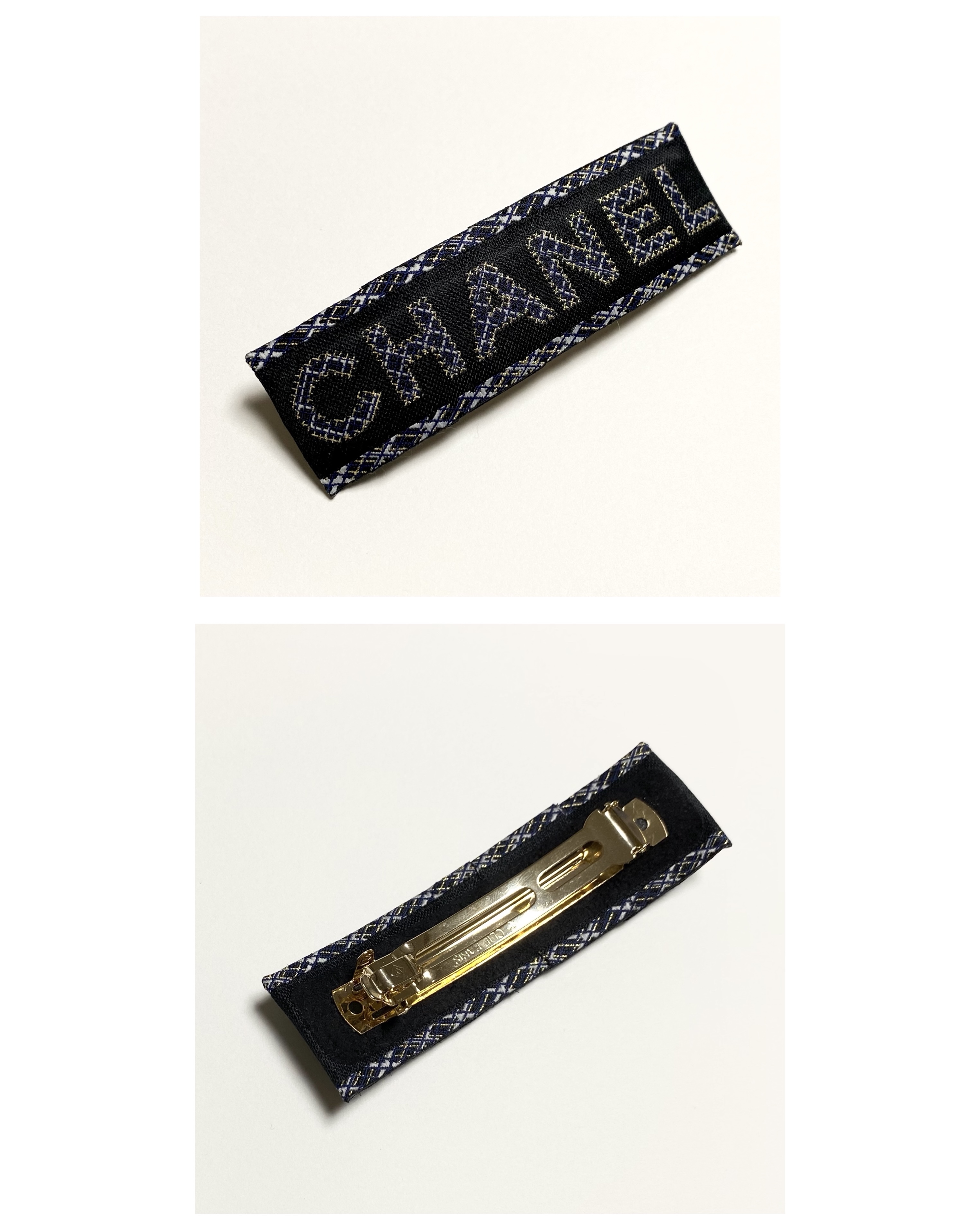 CHANEL navy tweed pattern Initial hair clip no.8