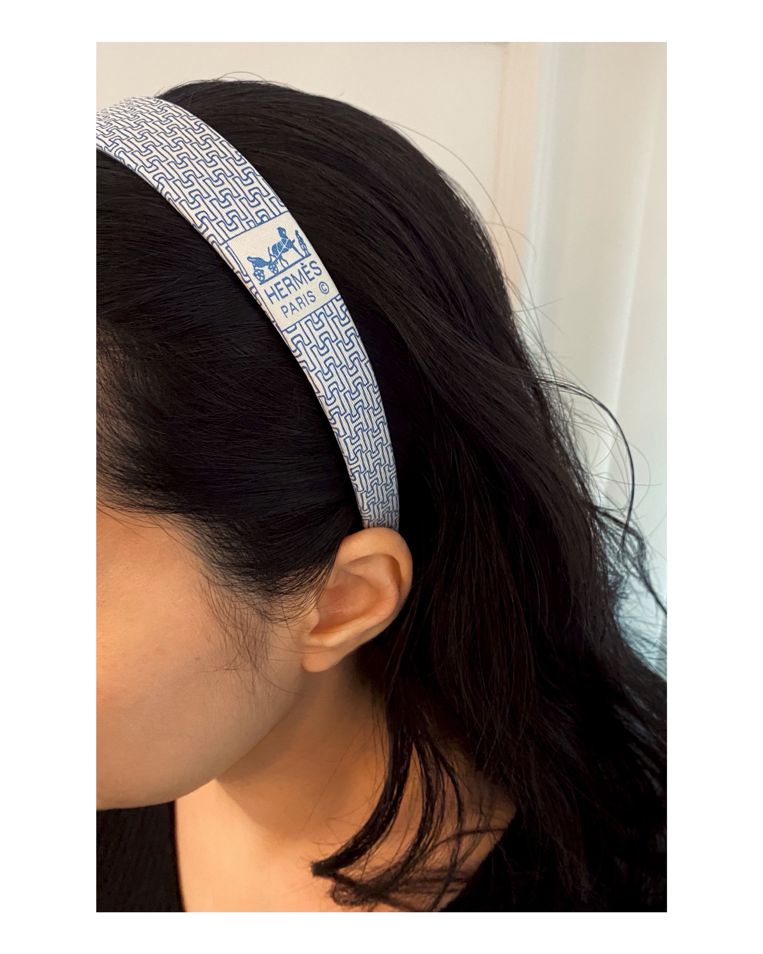 HERMES blue silk H pattern hair band no.9