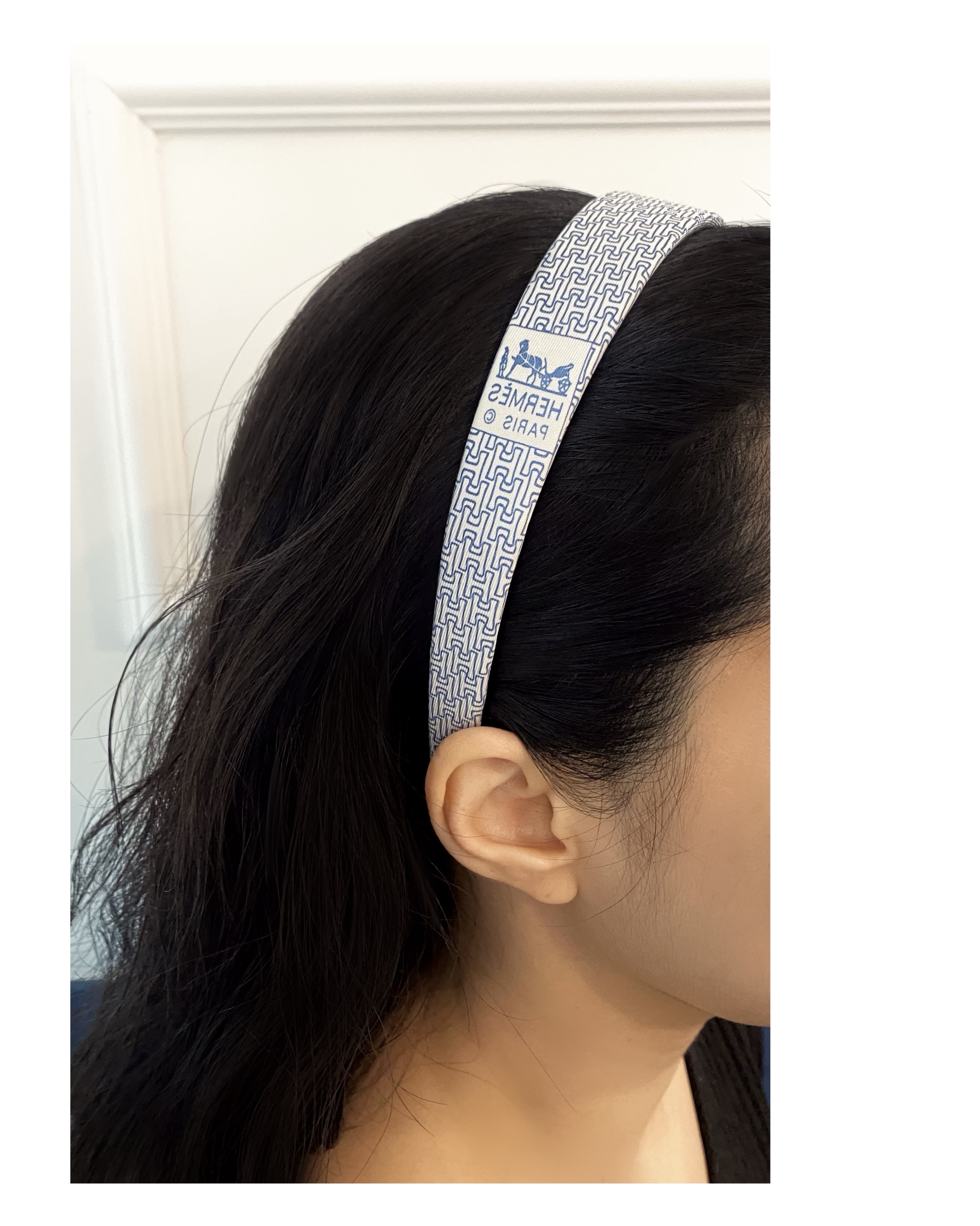 HERMES blue silk H pattern hair band no.9