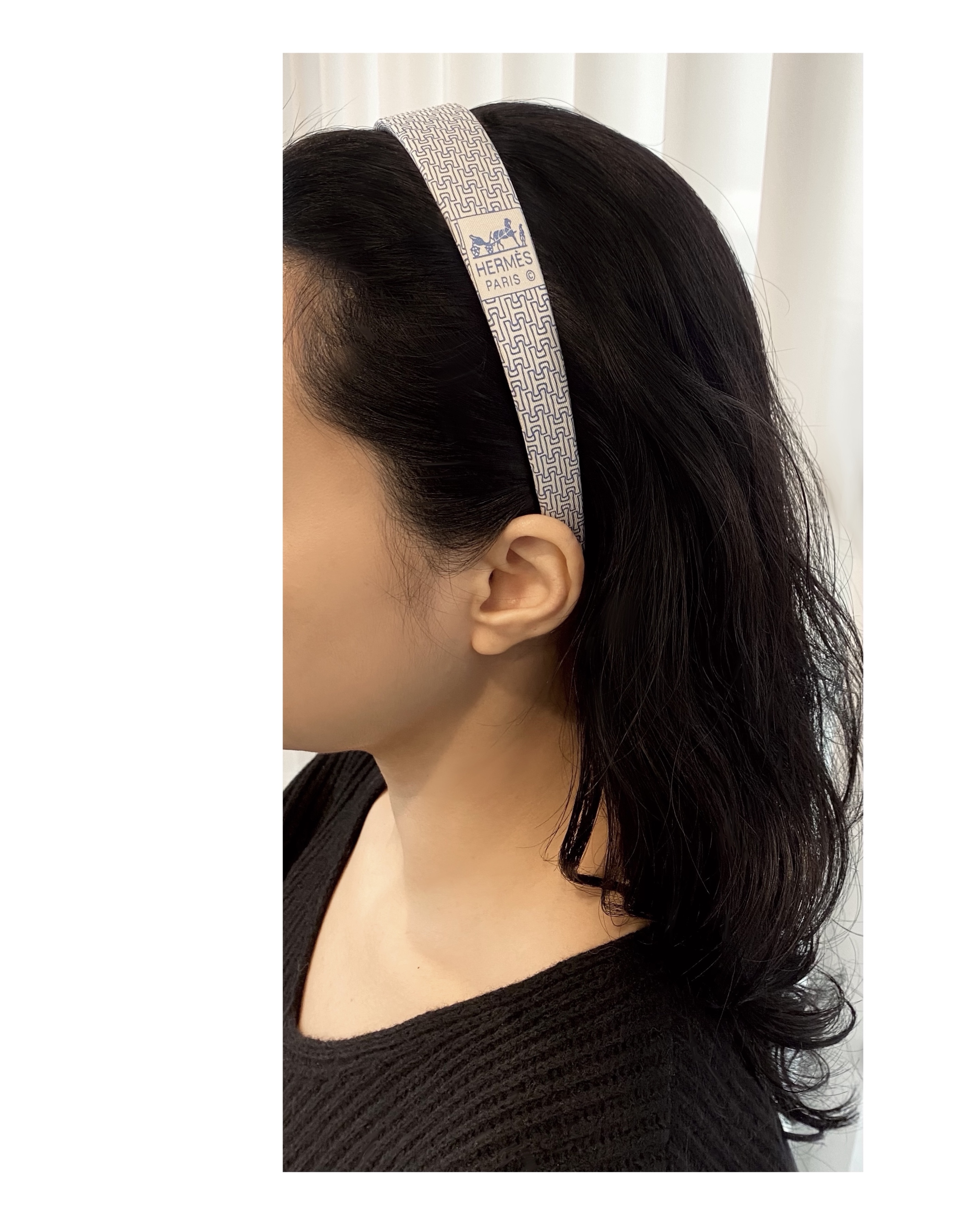 HERMES blue silk H pattern hair band no.9