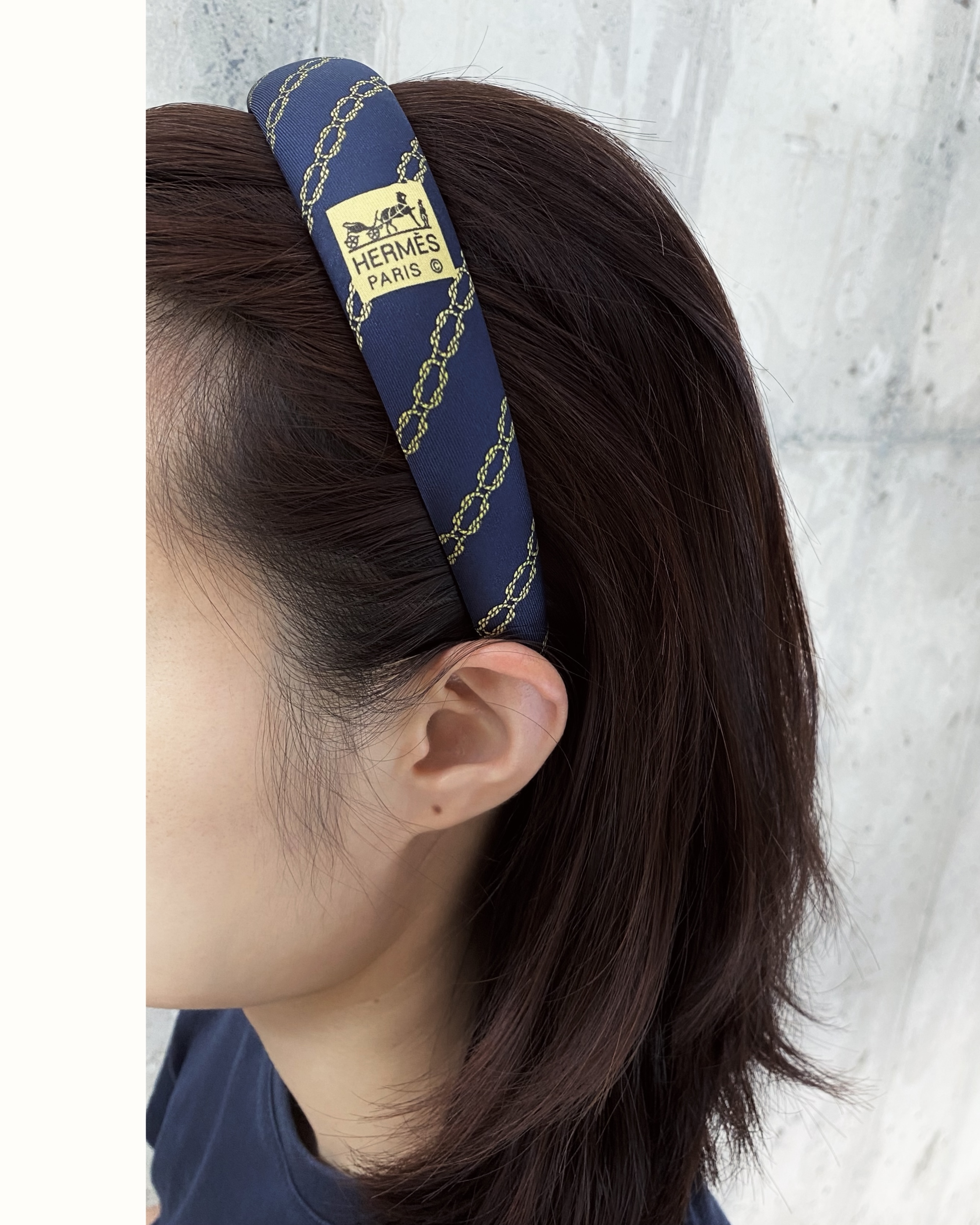 HERMES navy yellow pattern logo hair band no.45