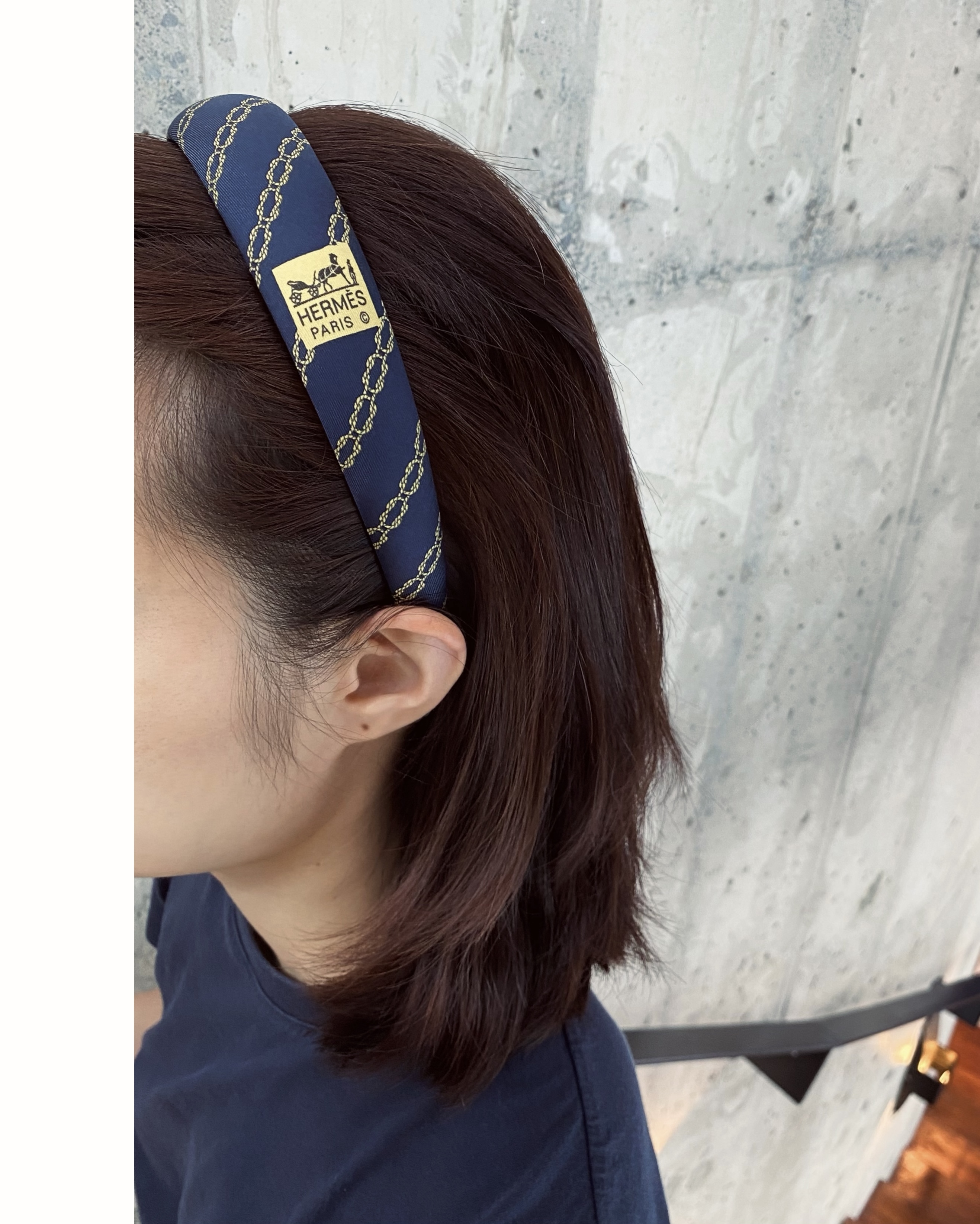 HERMES navy yellow pattern logo hair band no.45