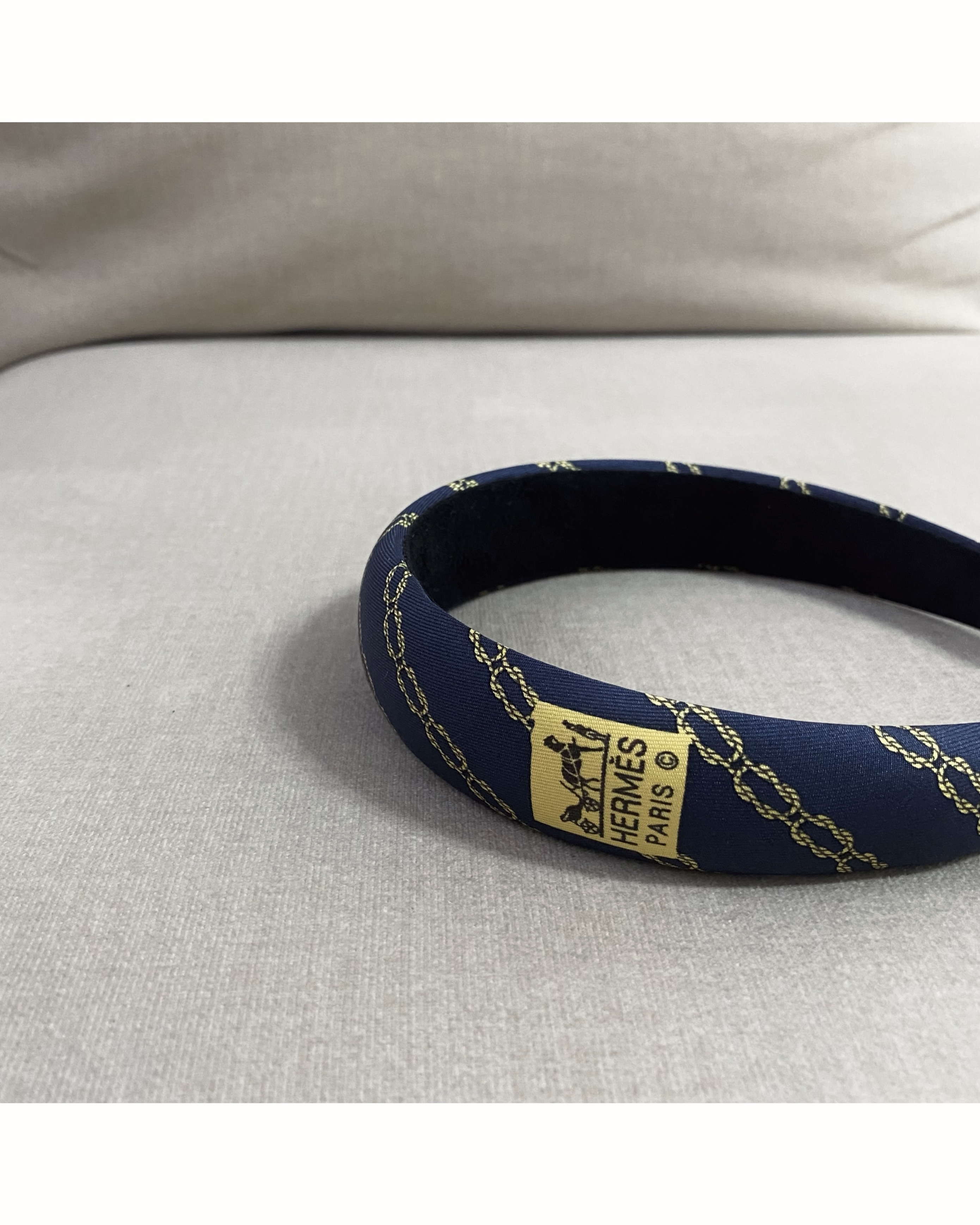 HERMES navy yellow pattern logo hair band no.45
