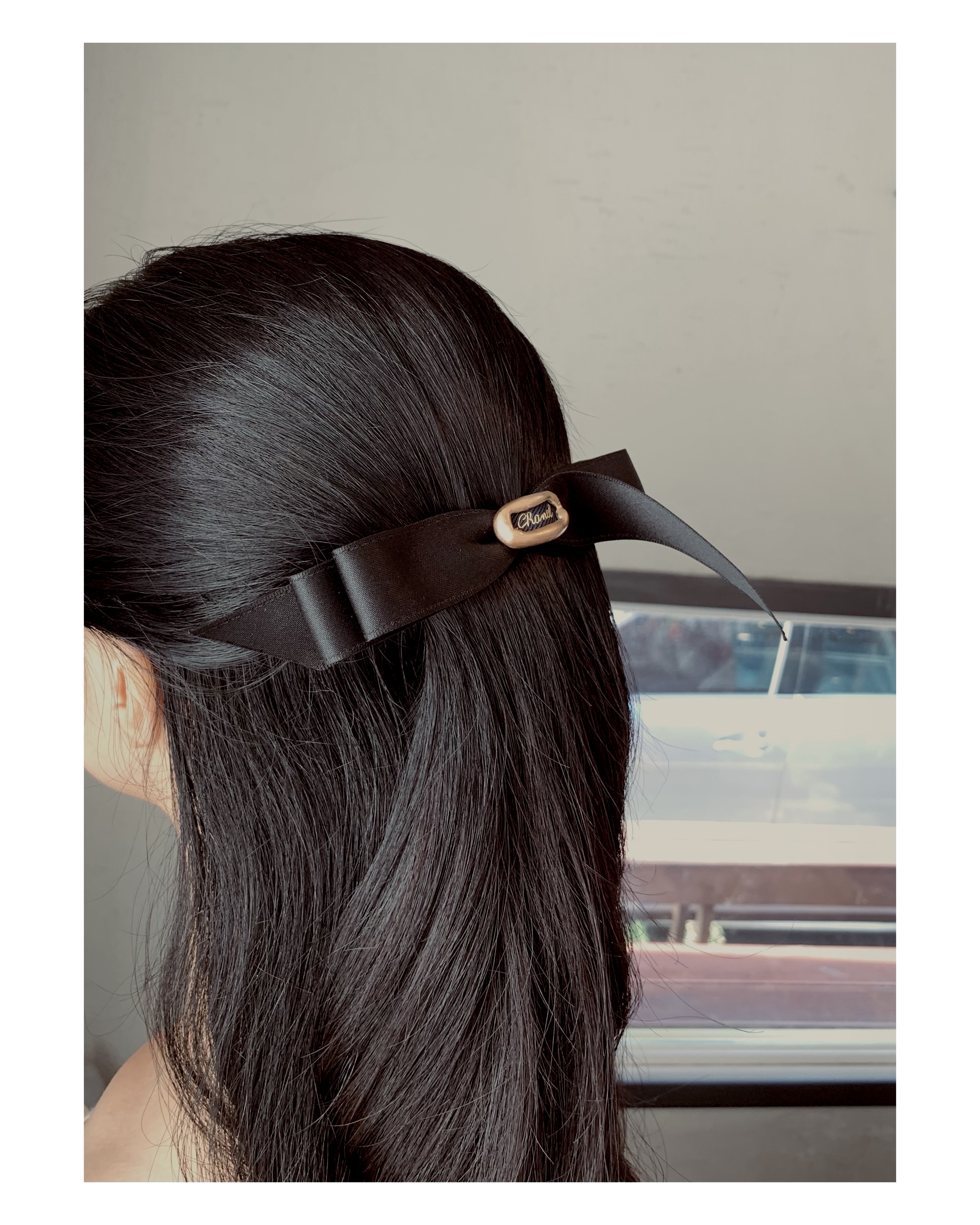 CHANEL navy Initial ribbon hairclip no.49