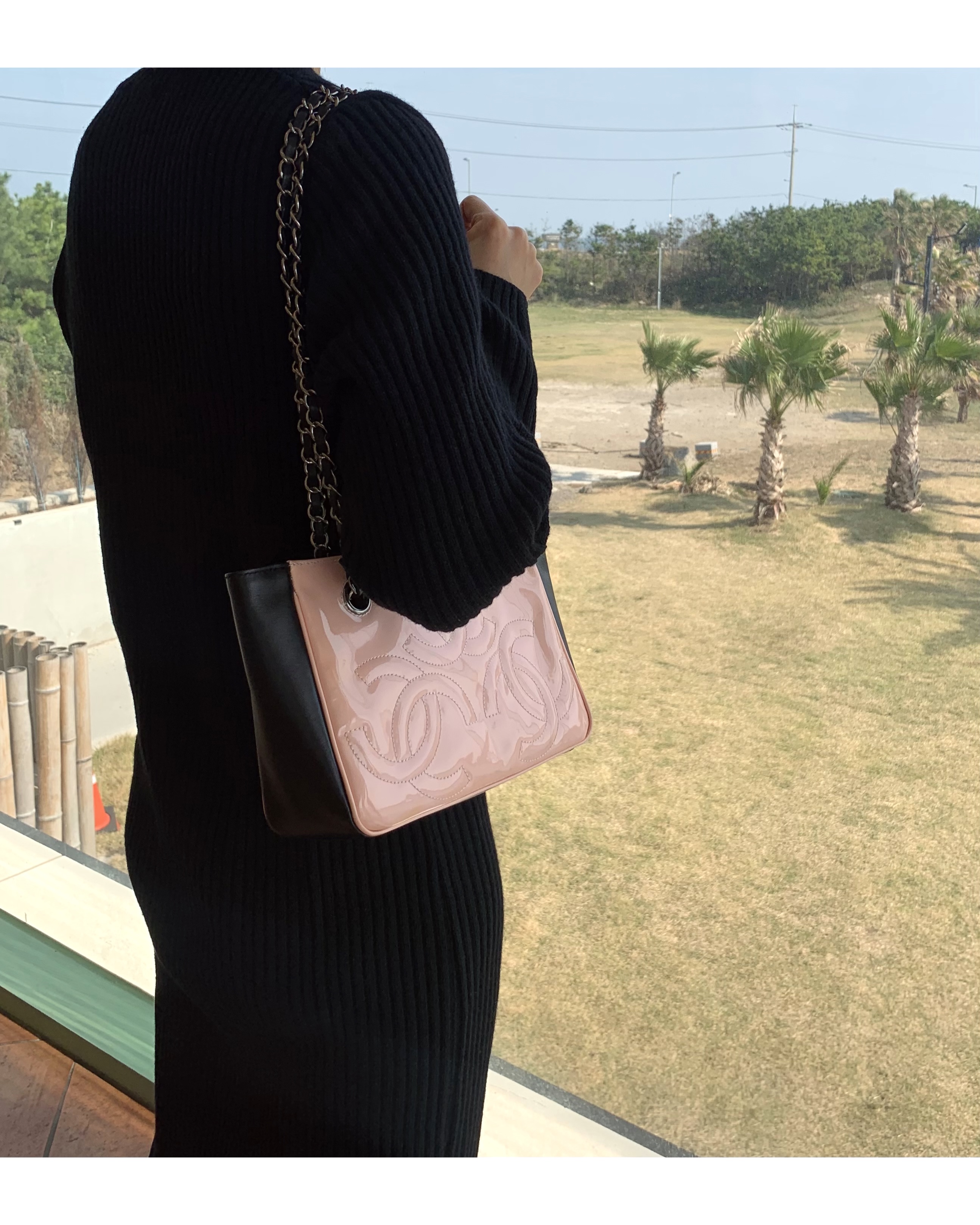 CHANEL pink triple CC black combination chain bag no.47