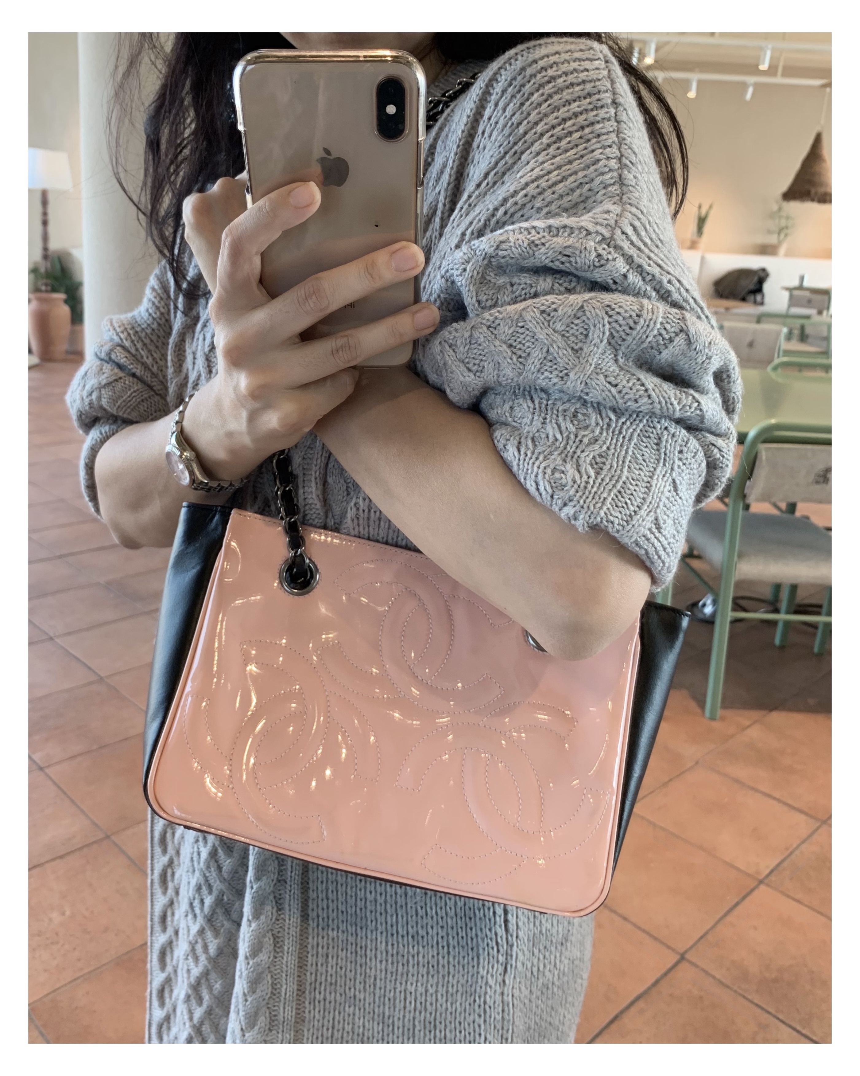 CHANEL pink triple CC black combination chain bag no.47