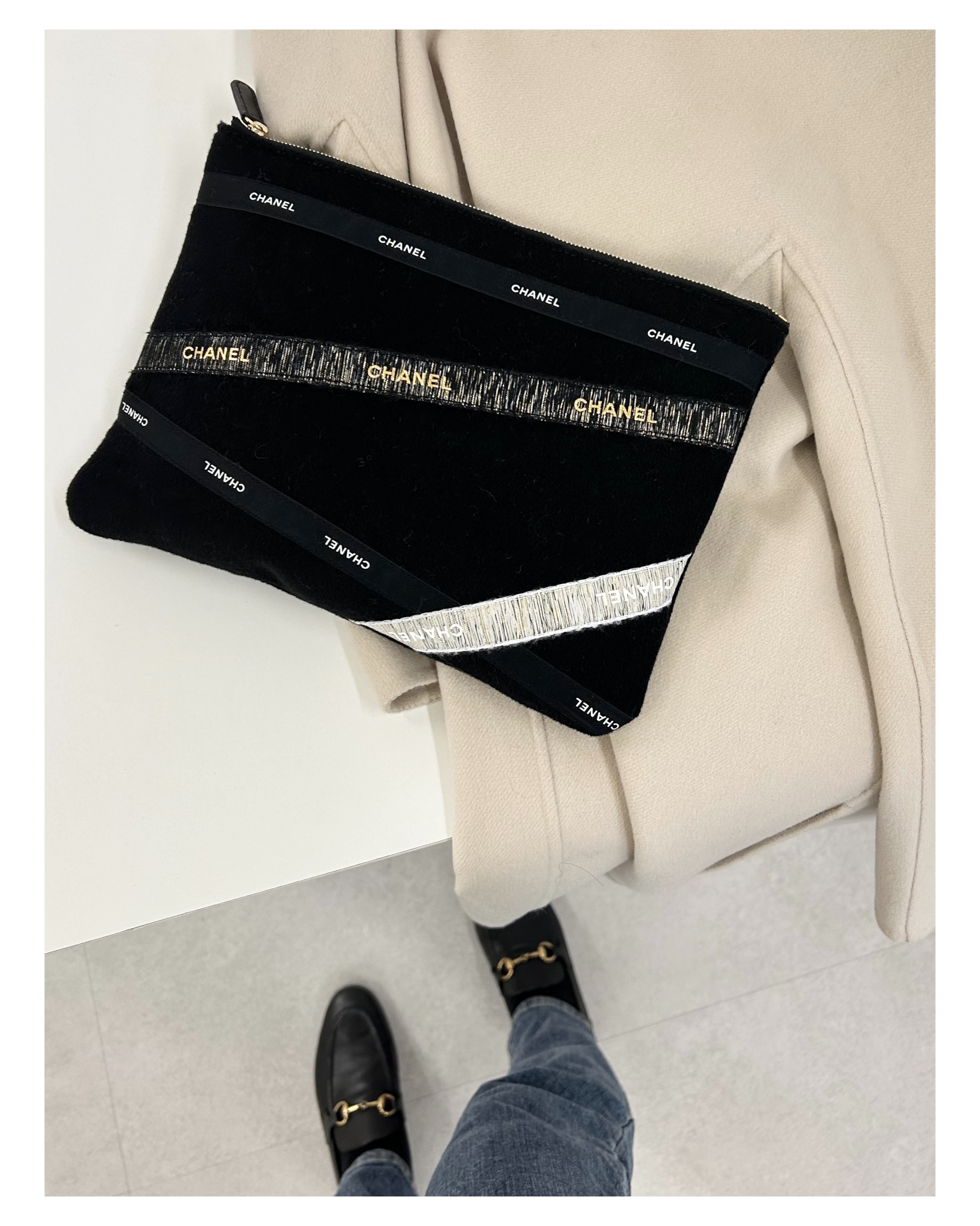 vintage cashmere 100% fabric X CHANEL ribbons clutch bag