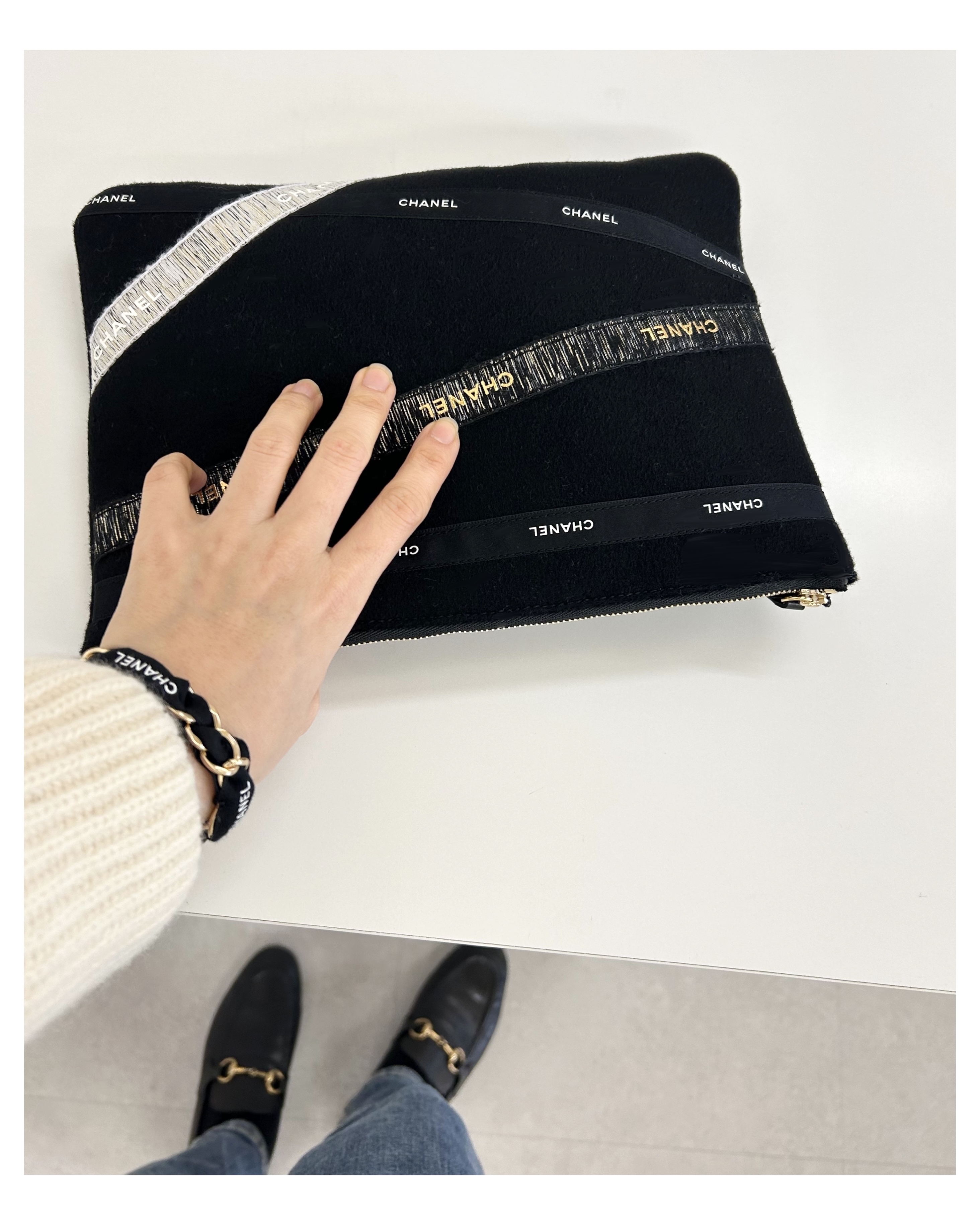 vintage cashmere 100% fabric X CHANEL ribbons clutch bag