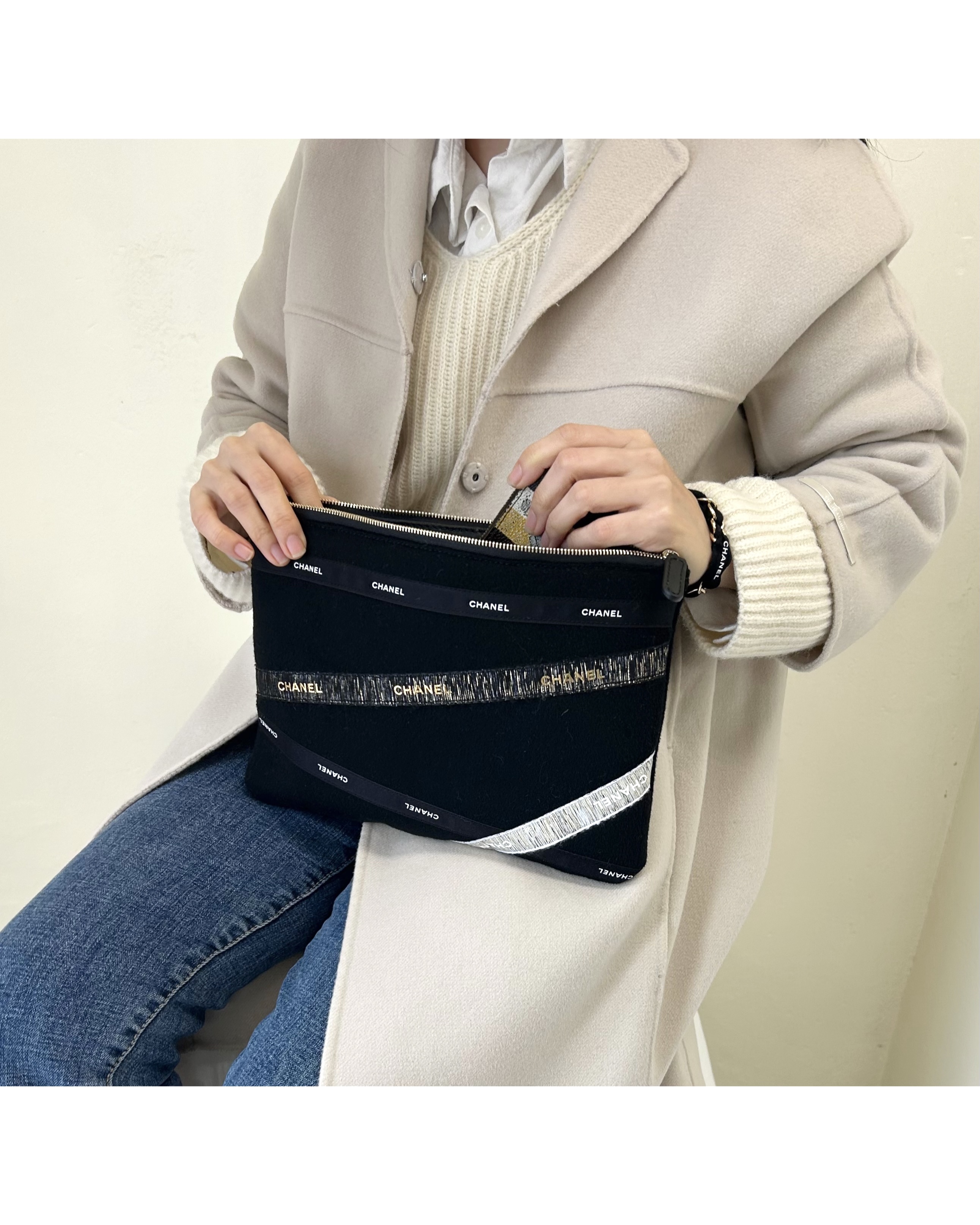 vintage cashmere 100% fabric X CHANEL ribbons clutch bag