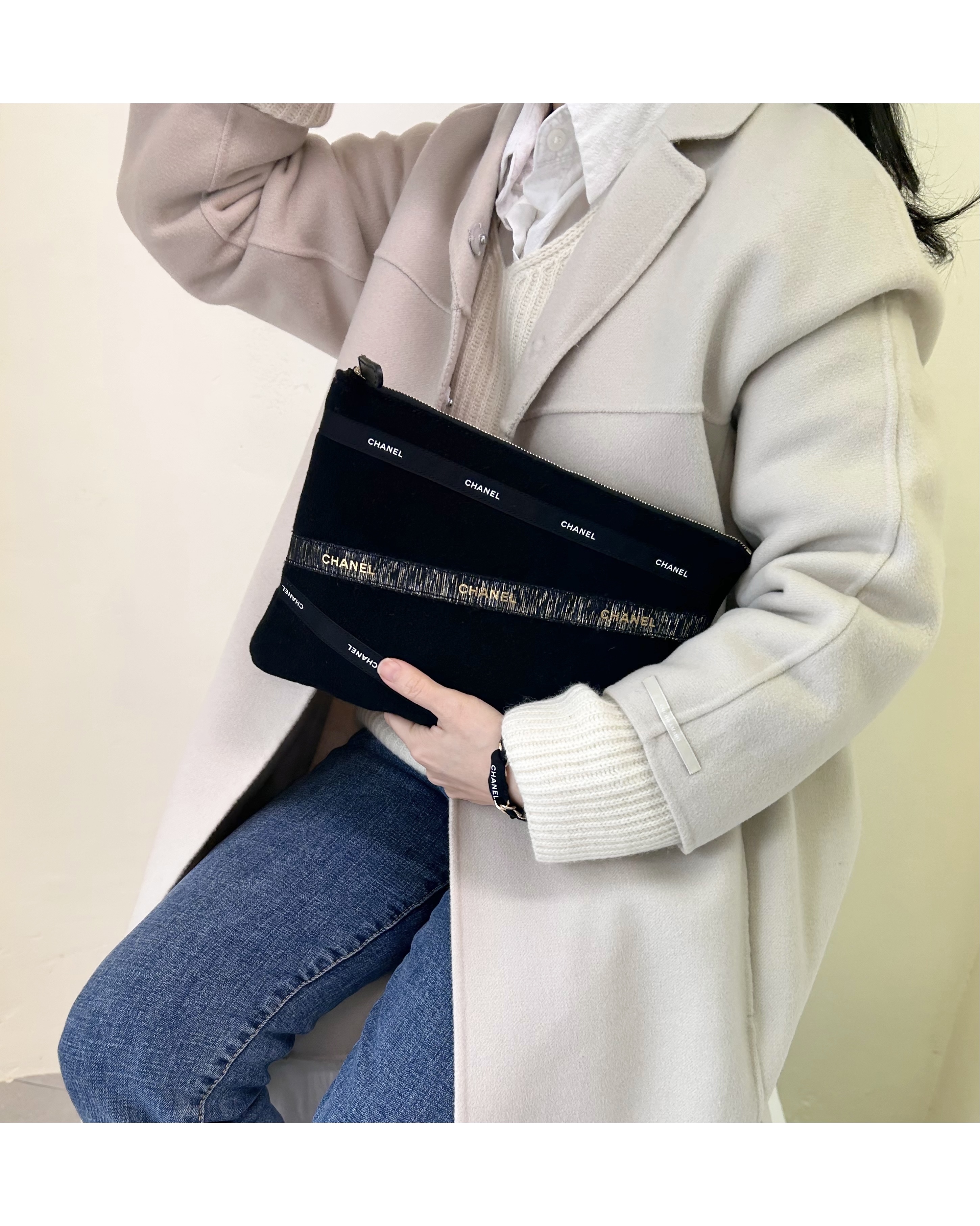 vintage cashmere 100% fabric X CHANEL ribbons clutch bag