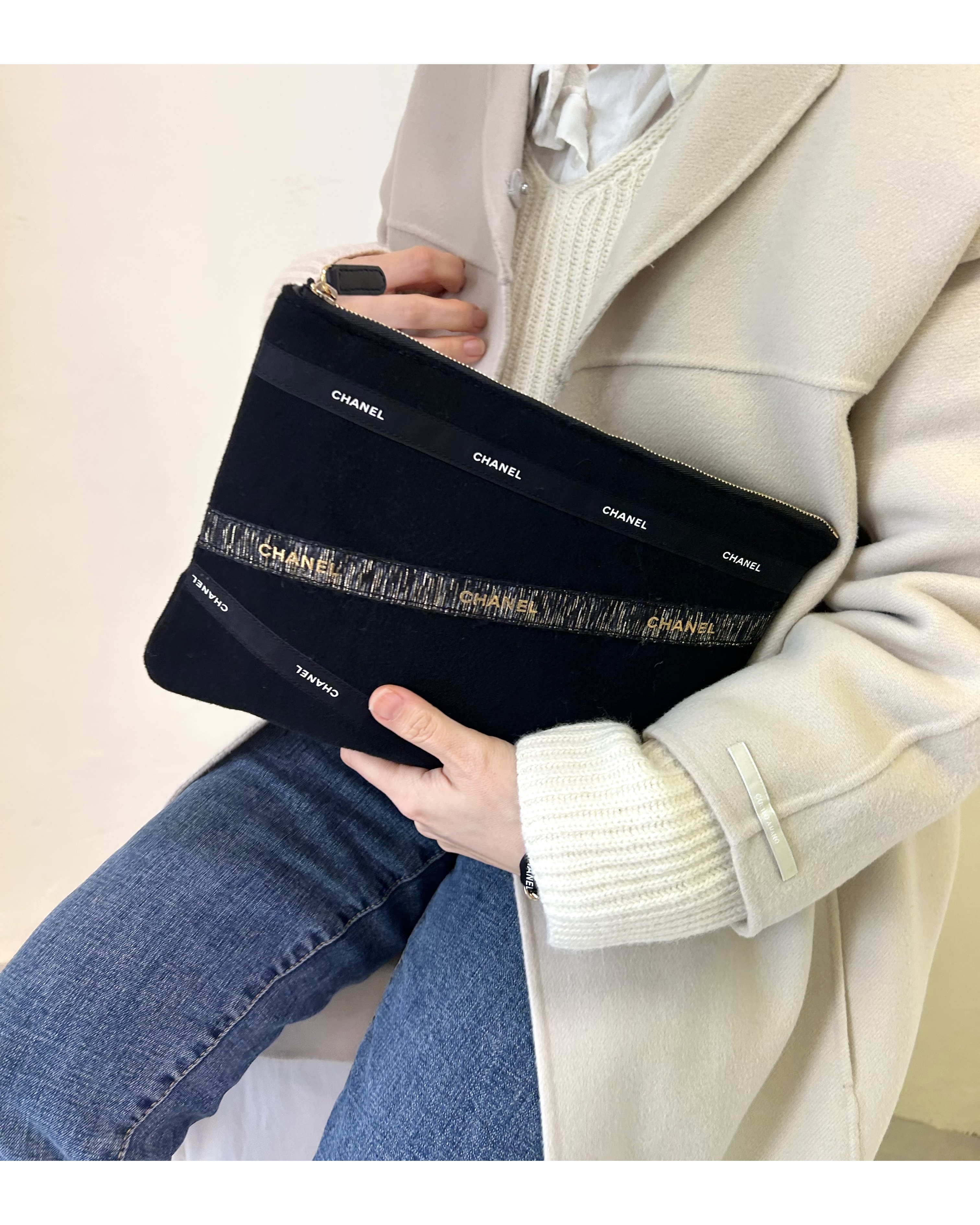 vintage cashmere 100% fabric X CHANEL ribbons clutch bag