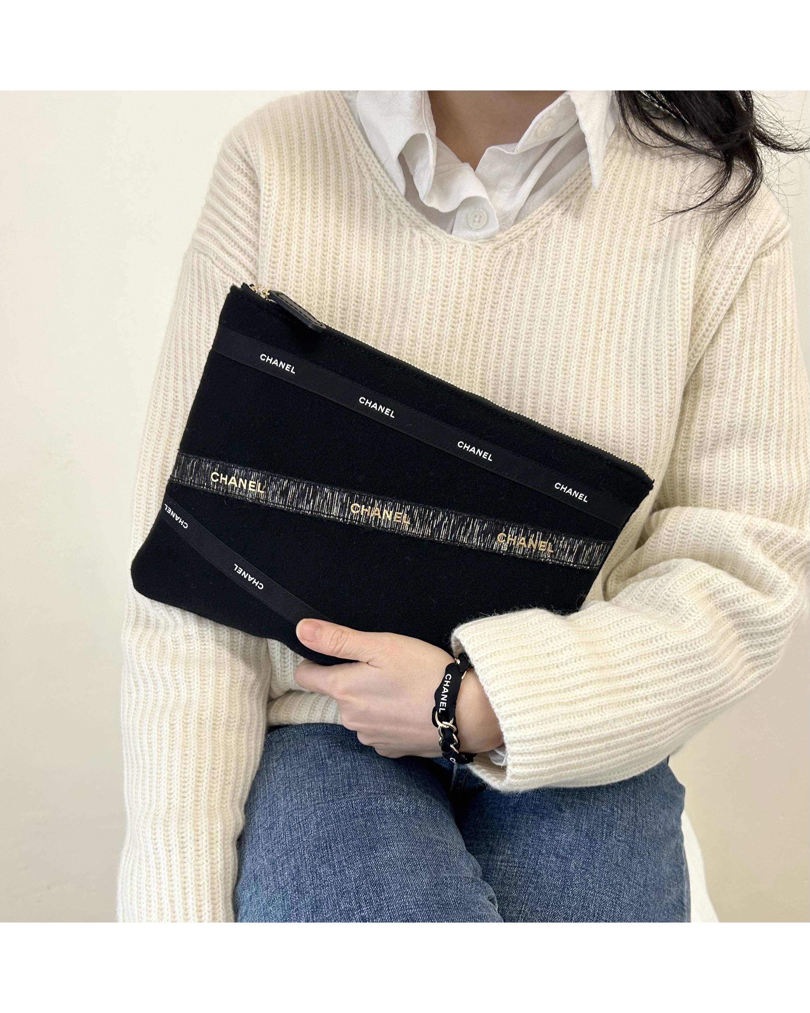 vintage cashmere 100% fabric X CHANEL ribbons clutch bag