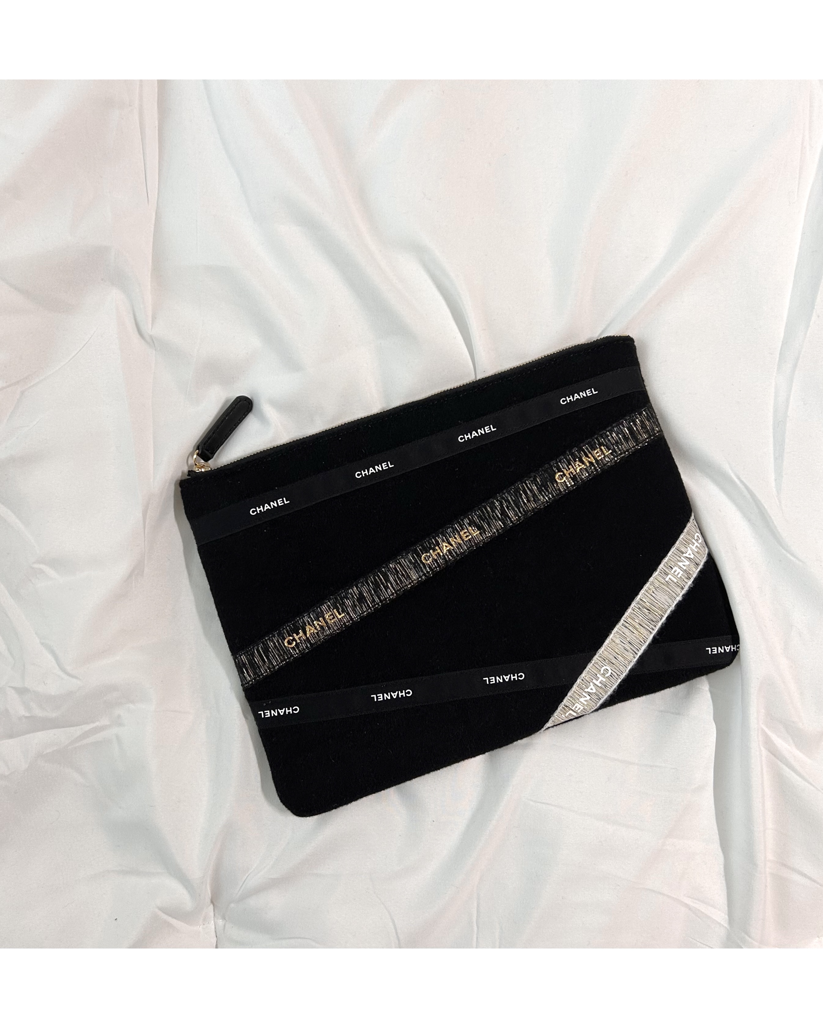vintage cashmere 100% fabric X CHANEL ribbons clutch bag