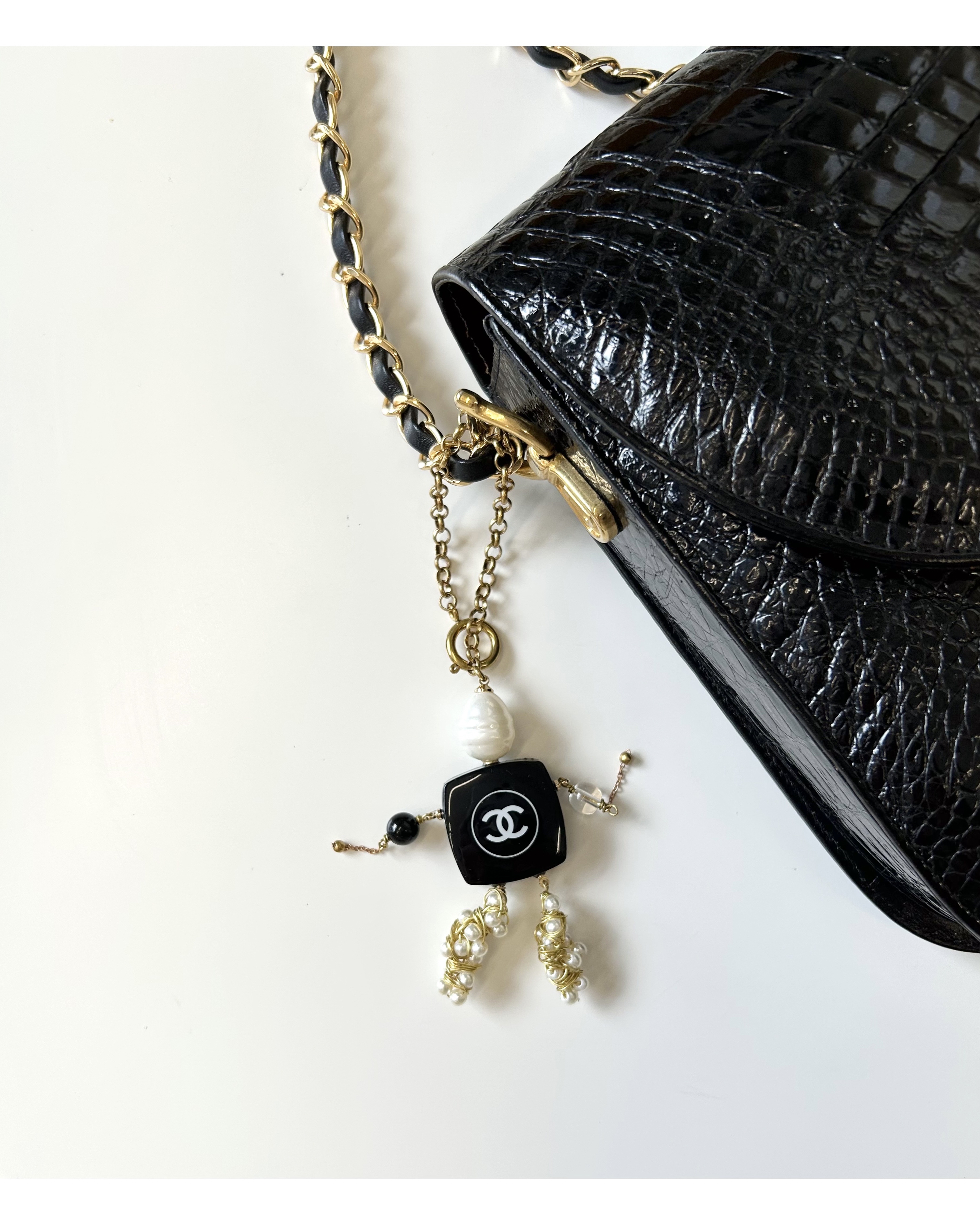 CHANEL marionette keyring ver.balck&clear gemstone