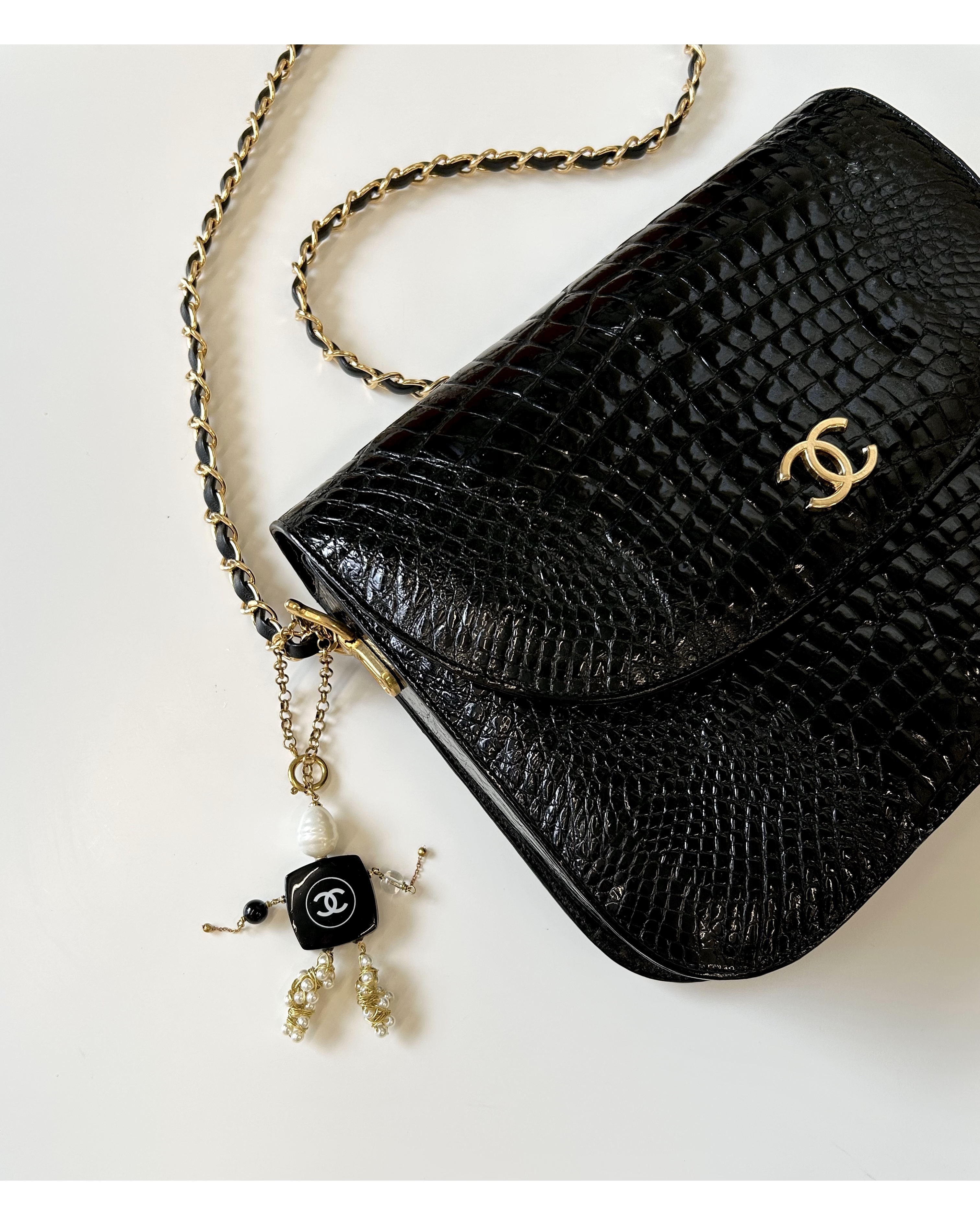 CHANEL marionette keyring ver.balck&clear gemstone