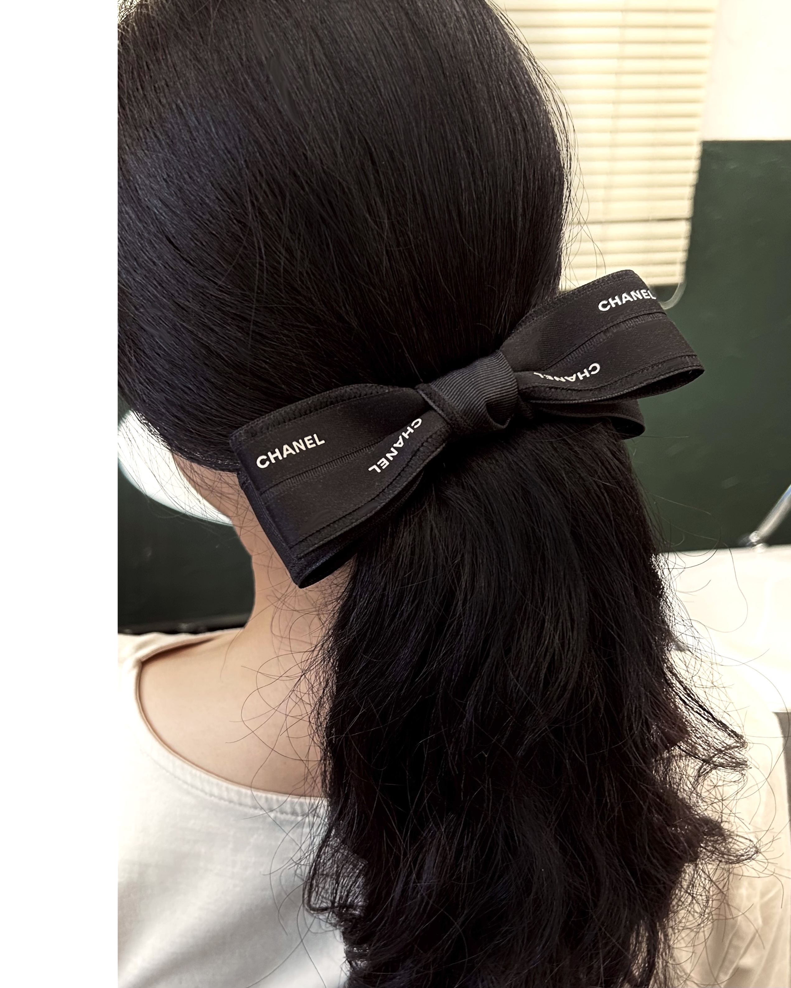 CHANEL initial black ribbon hair clip no.66