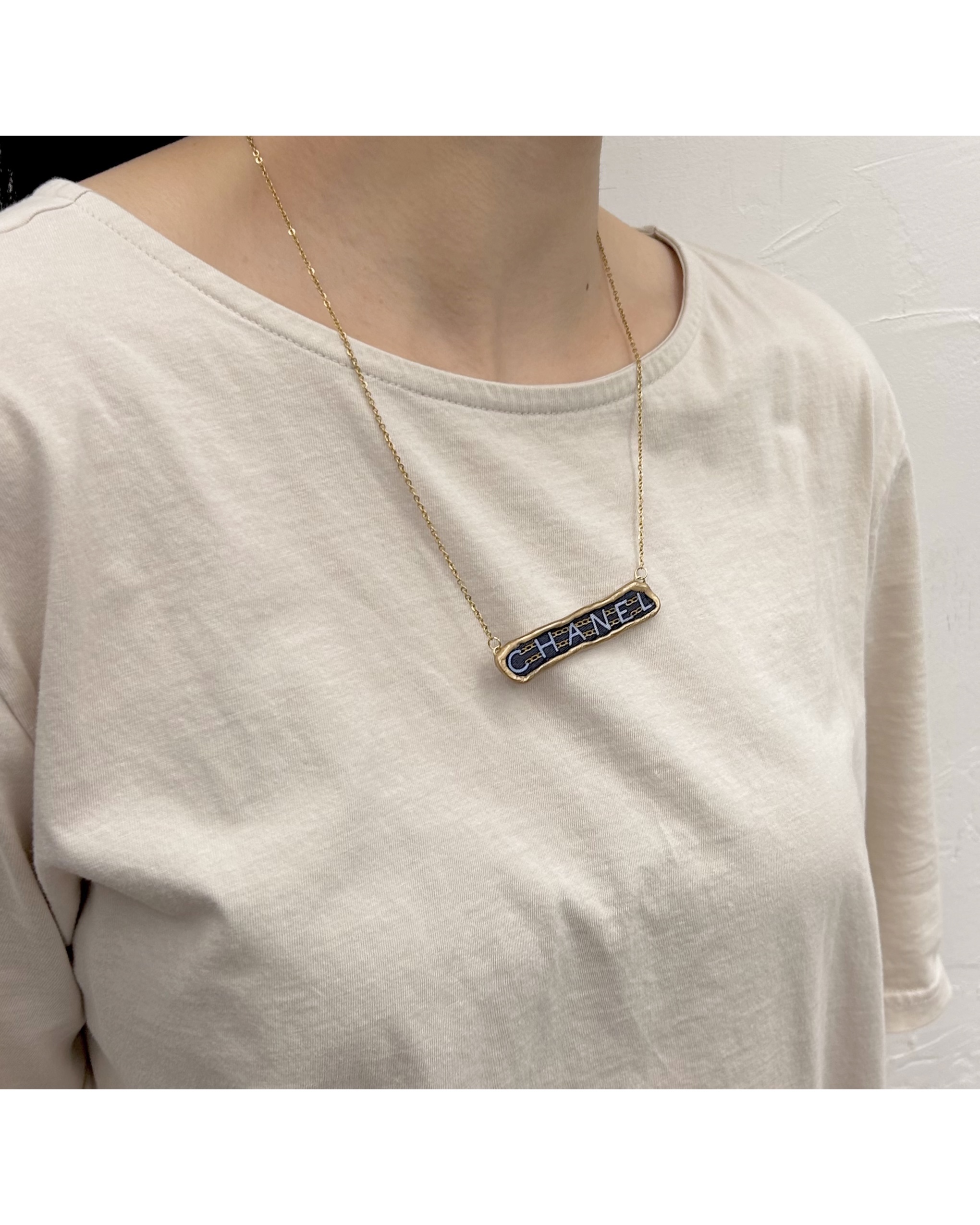 CHANEL navy silk Initial necklace no.51
