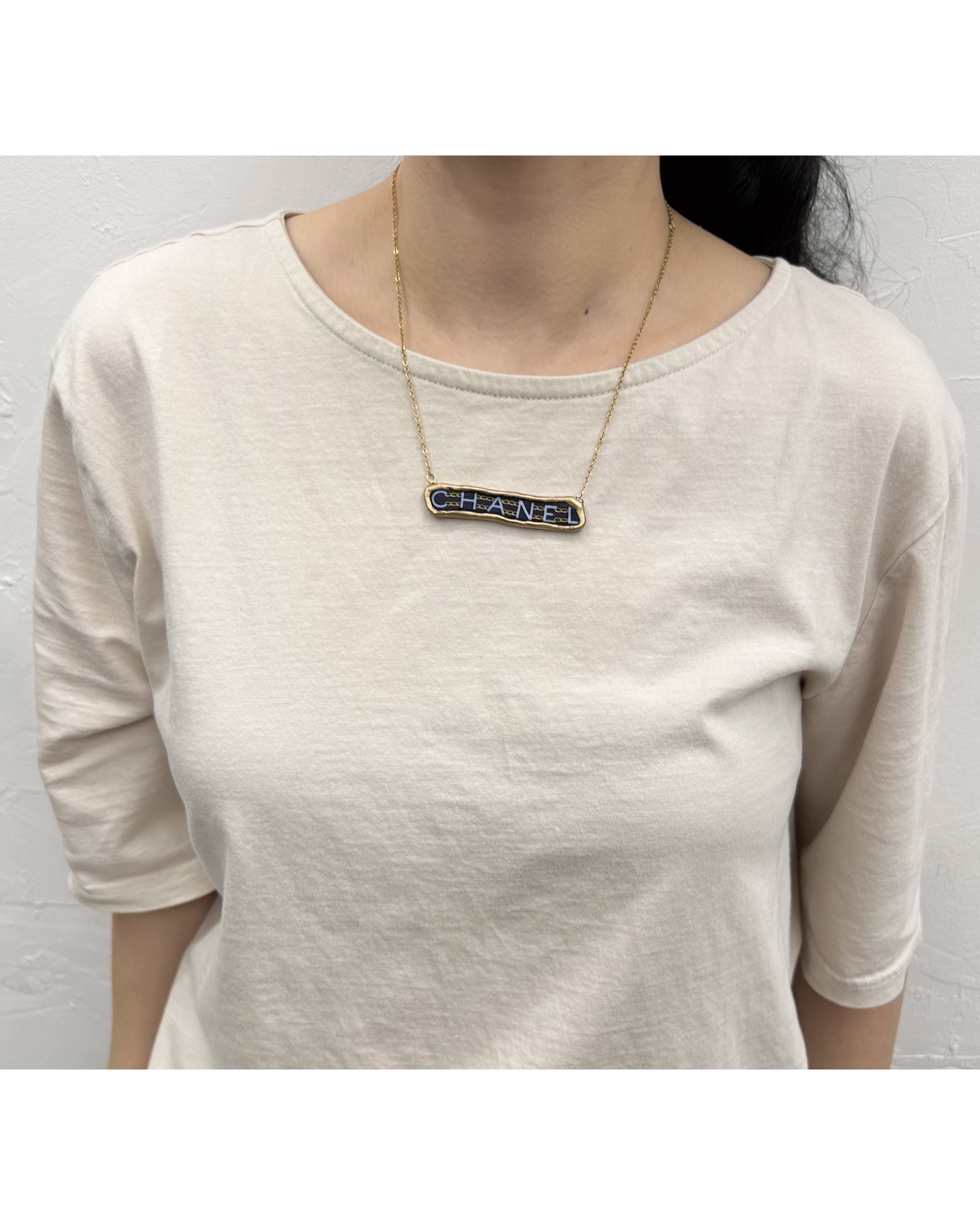 CHANEL navy silk Initial necklace no.51