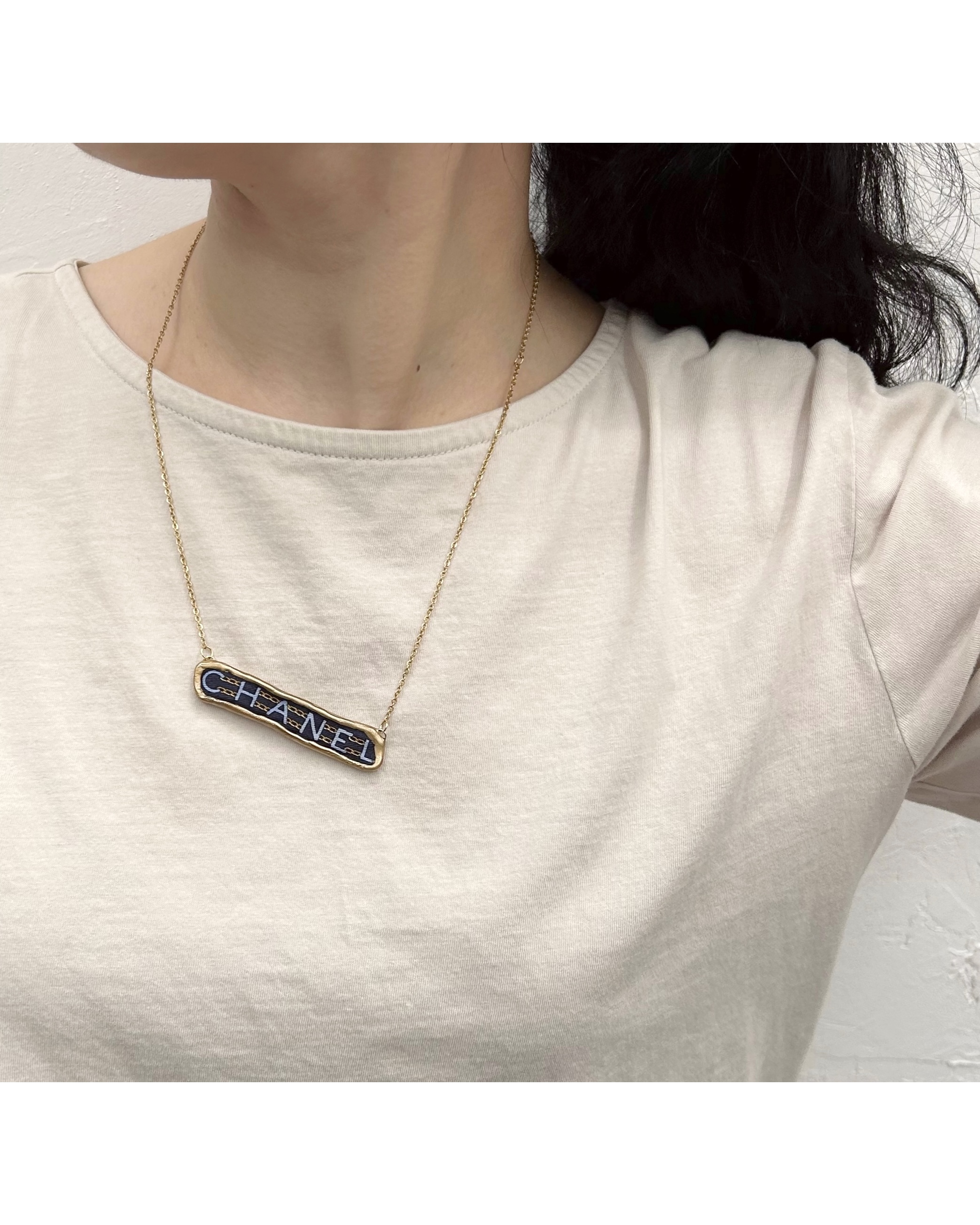 CHANEL navy silk Initial necklace no.51