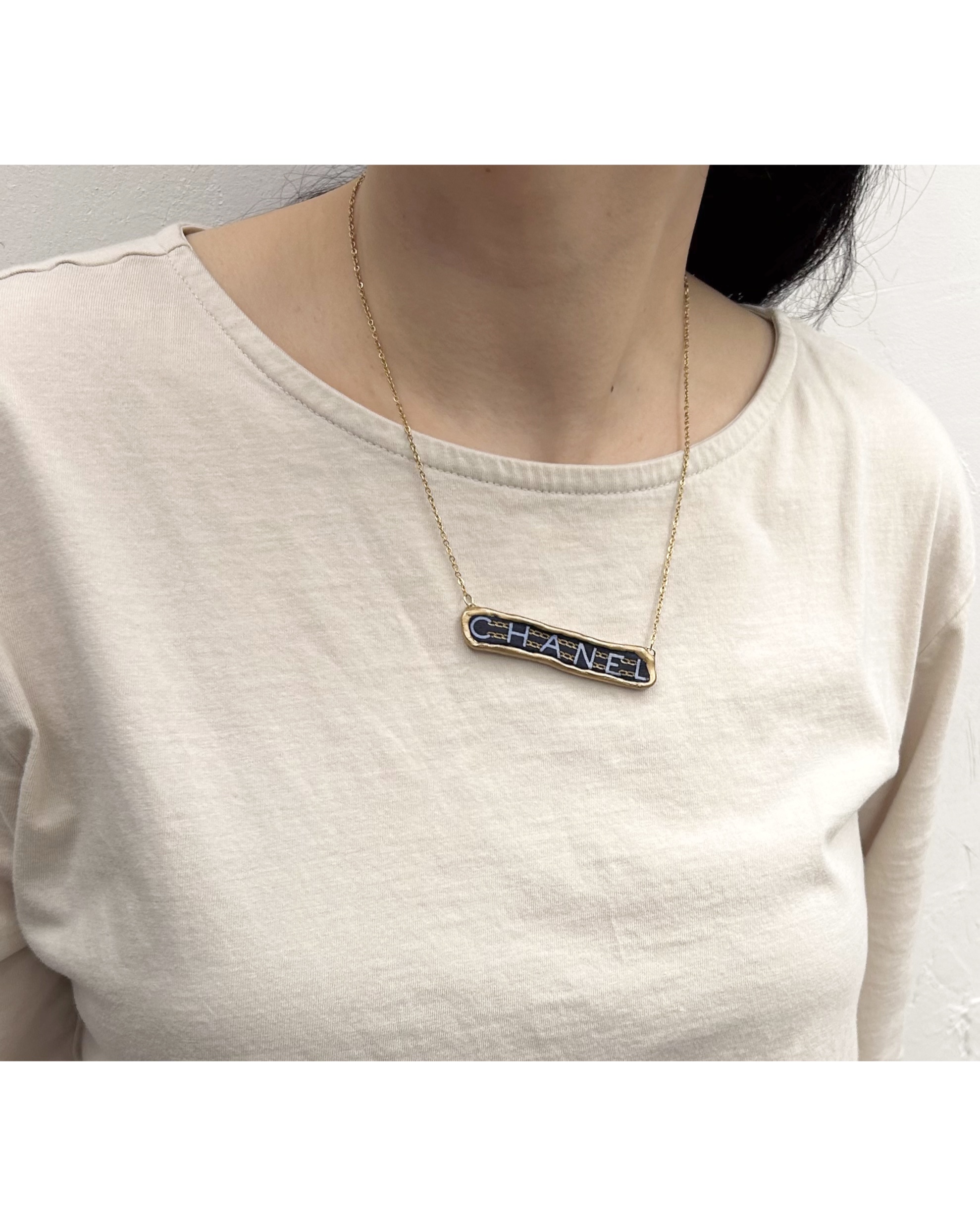 CHANEL navy silk Initial necklace no.51