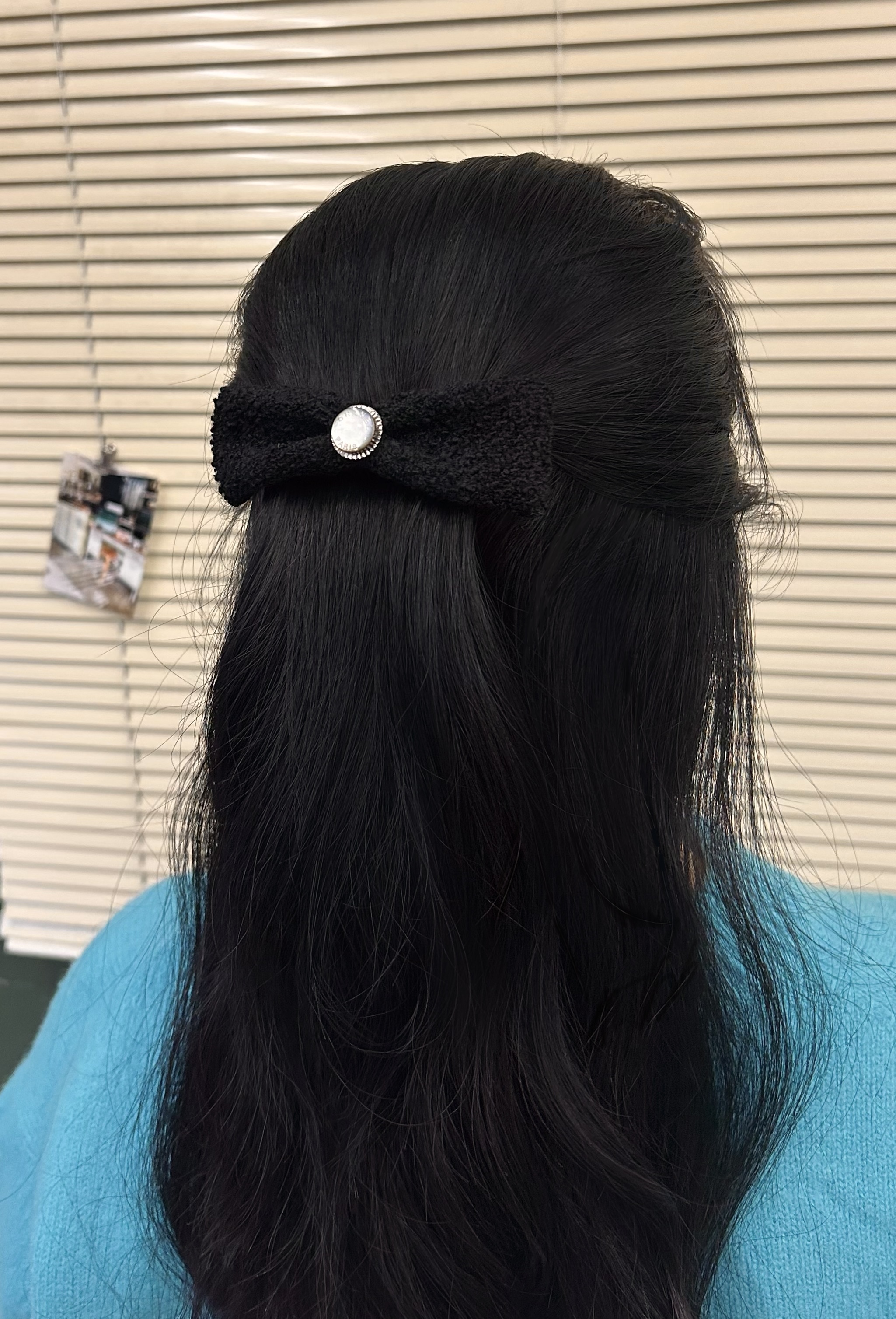CHANEL black tweed ribbon & Initial button hair clip no.73