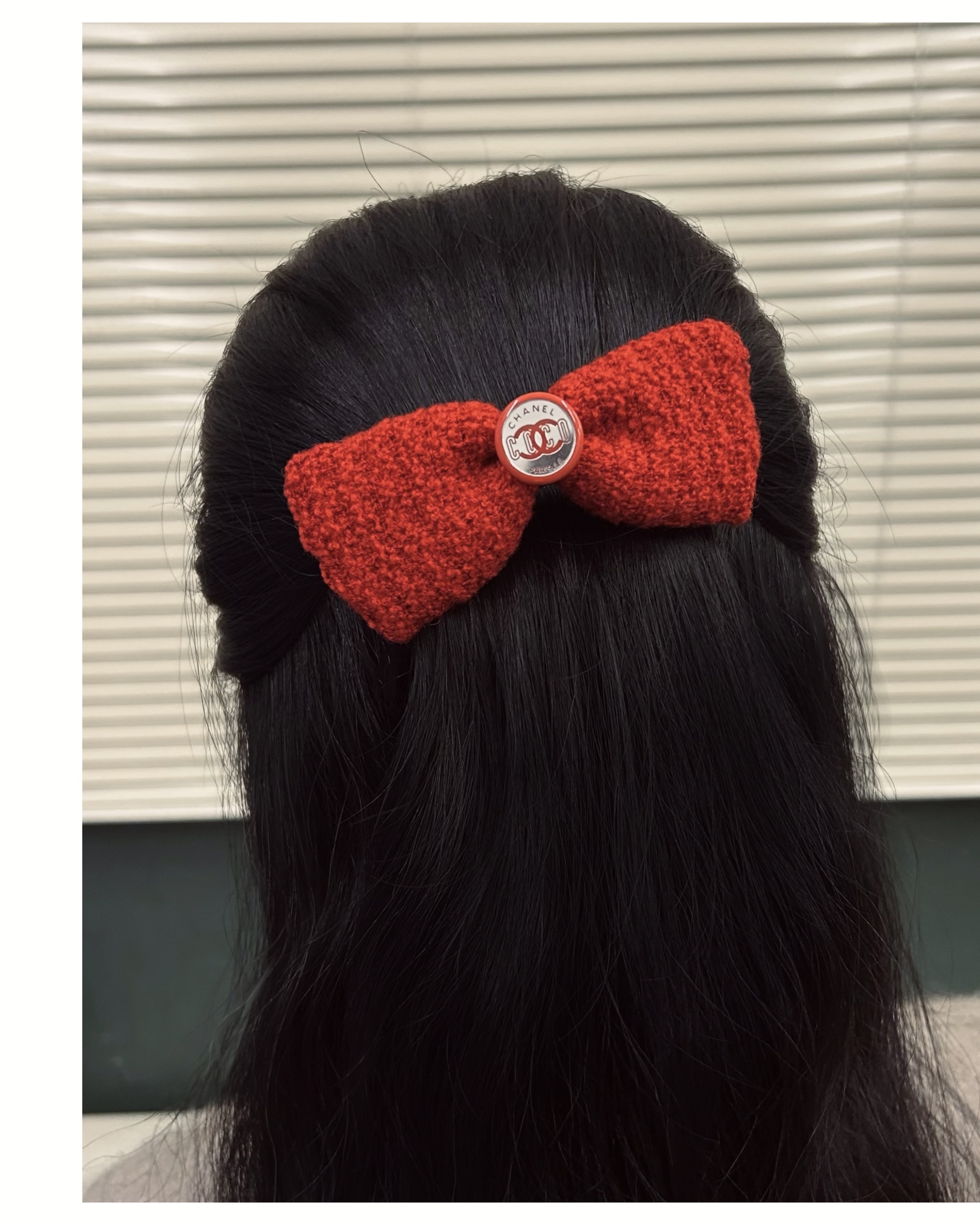 CHANEL red tweed ribbon & mirror button hair clip no.74