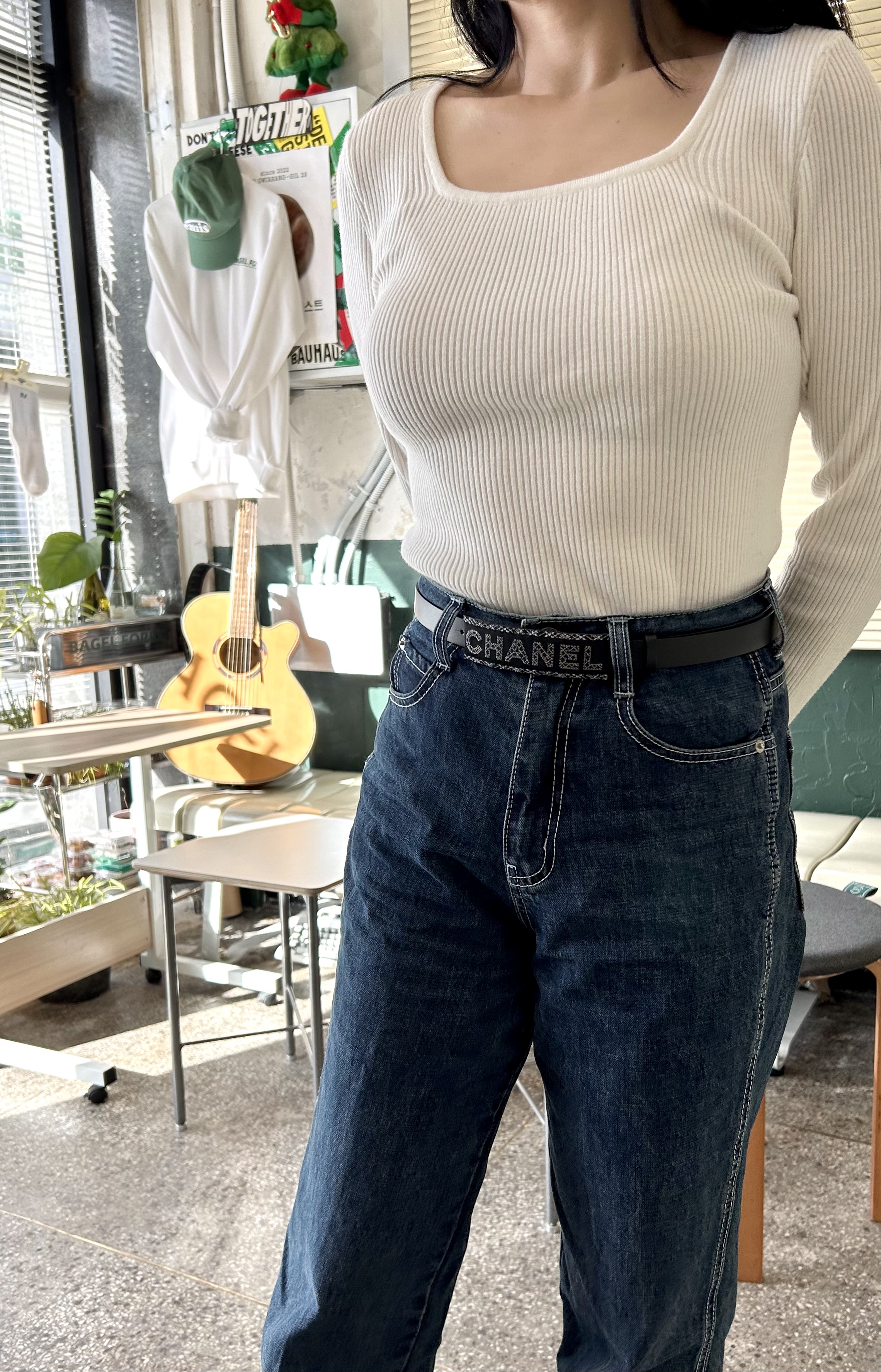 CHANEL navy tweed pattern Initial leather belt