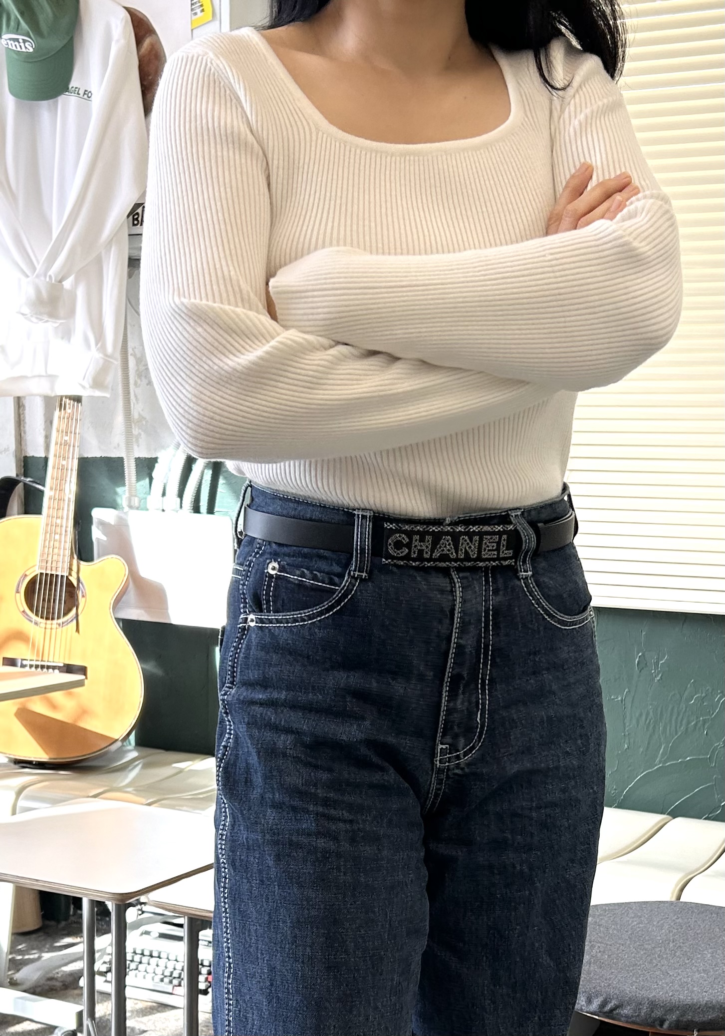 CHANEL navy tweed pattern Initial leather belt