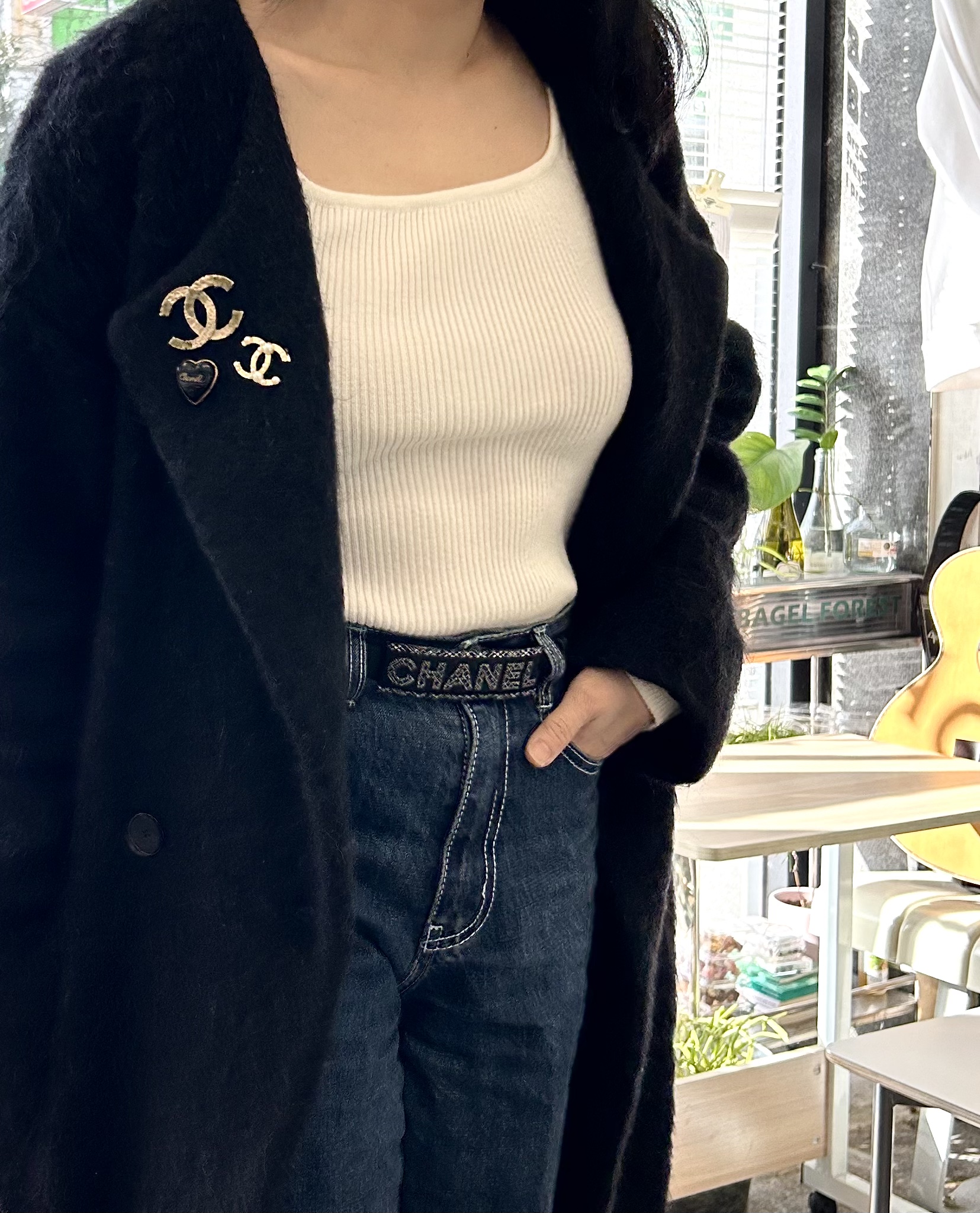 CHANEL navy tweed pattern Initial leather belt