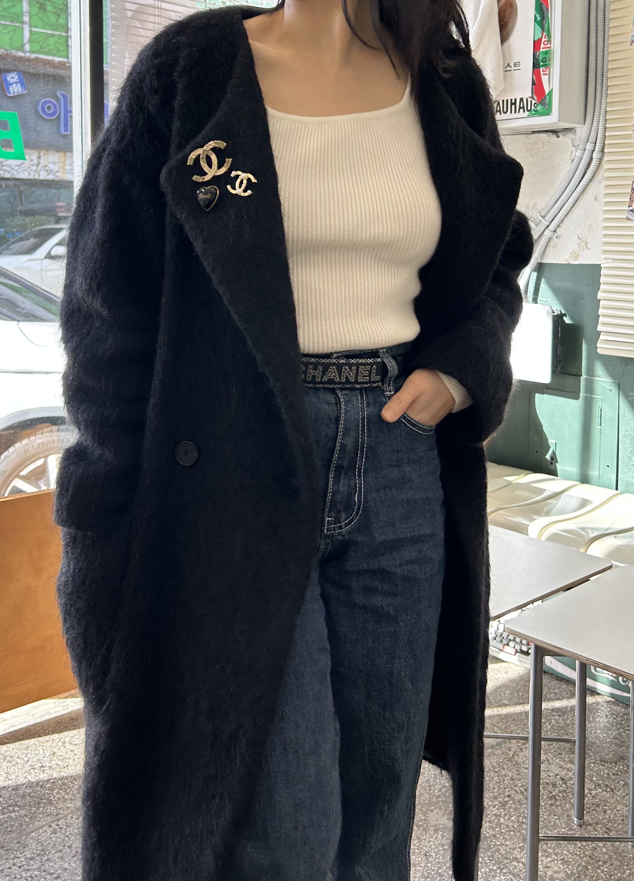 CHANEL navy tweed pattern Initial leather belt