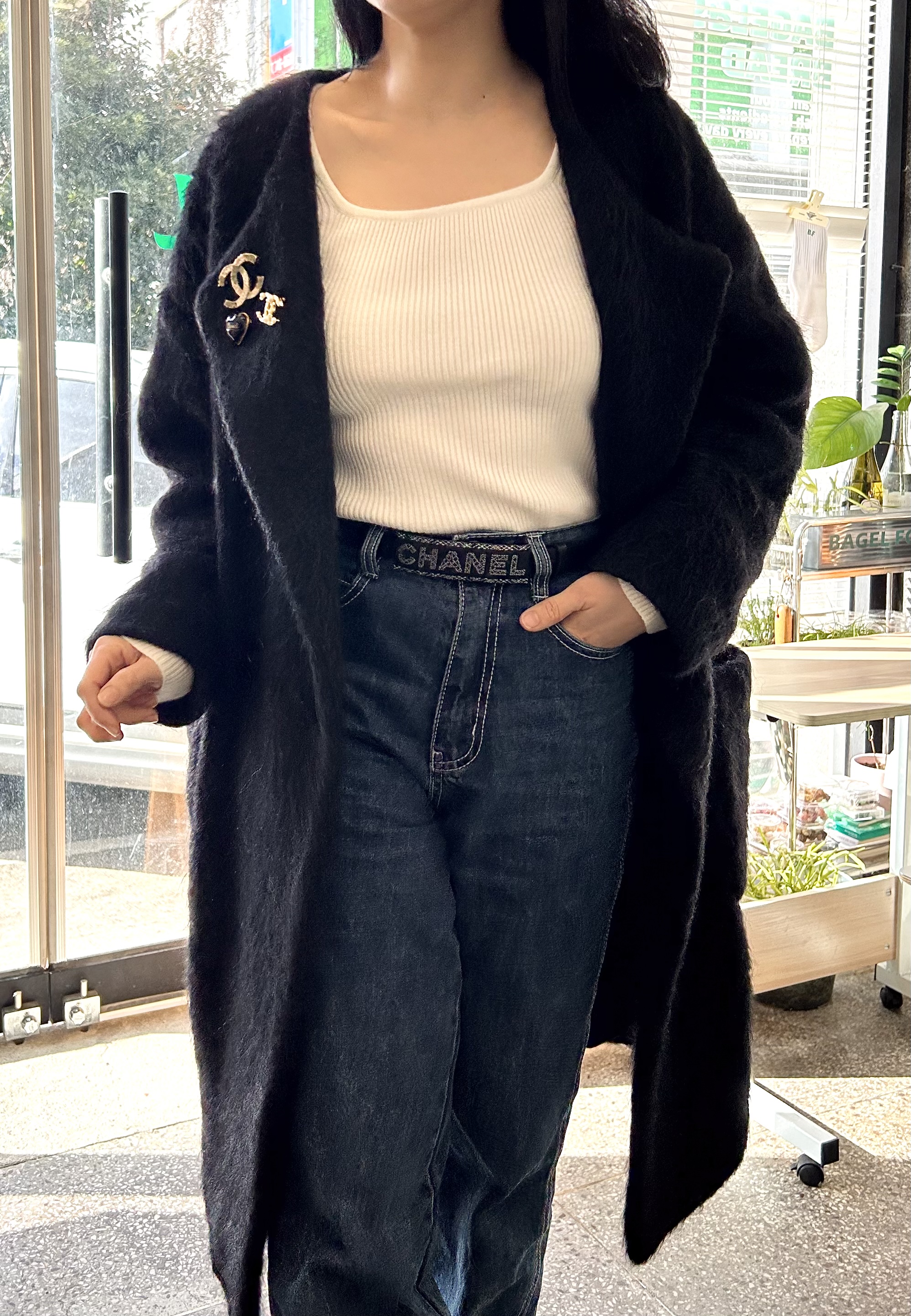 CHANEL navy tweed pattern Initial leather belt