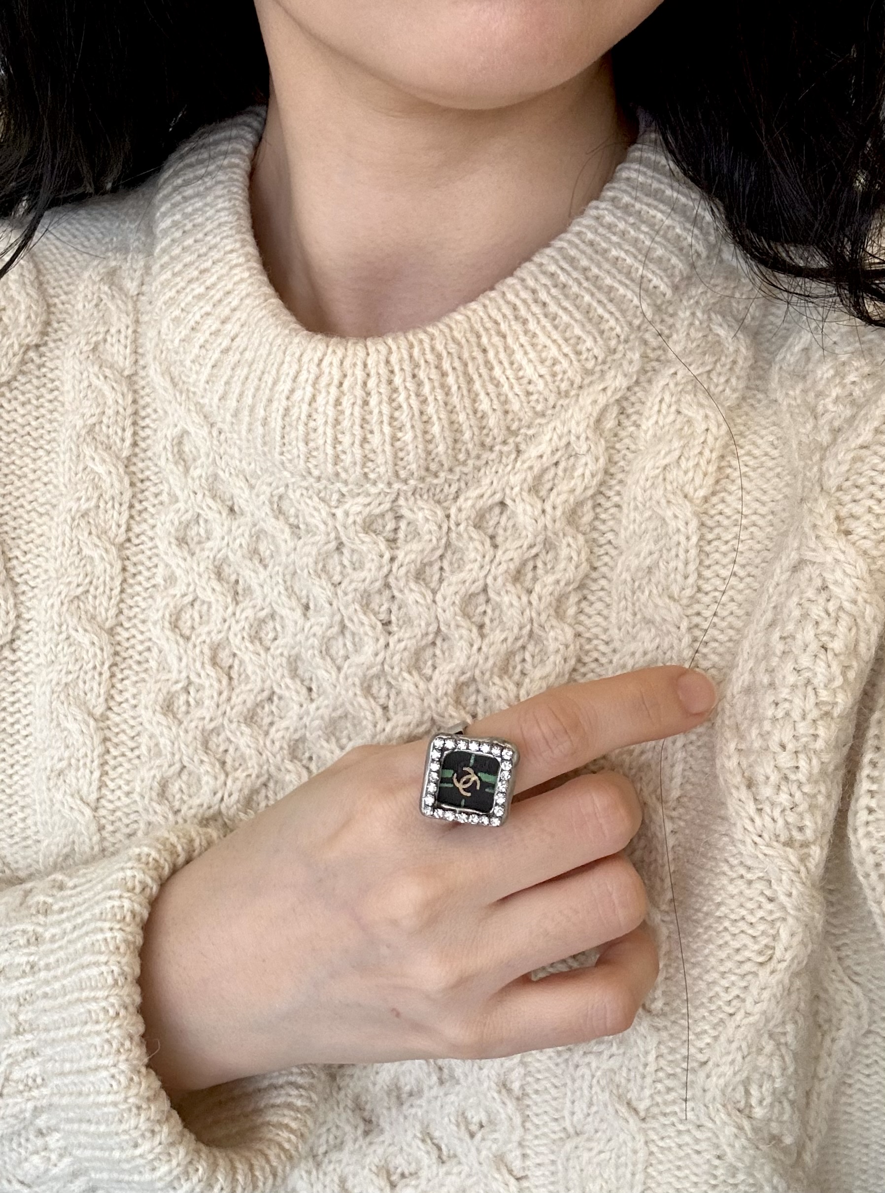 CHANEL green stripe CC cubic ring no.59