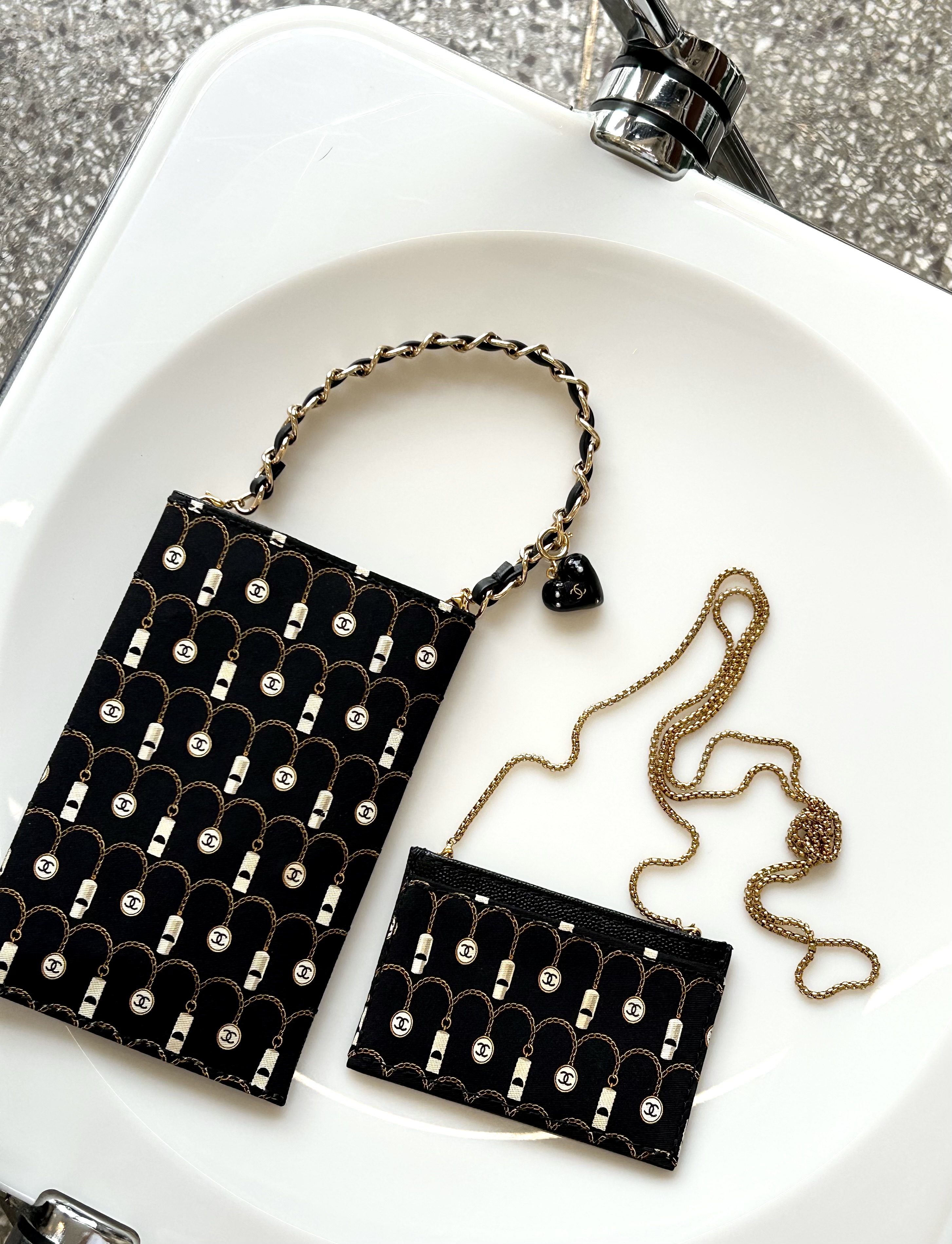 CHANEL silk & learher card chain bag no.42