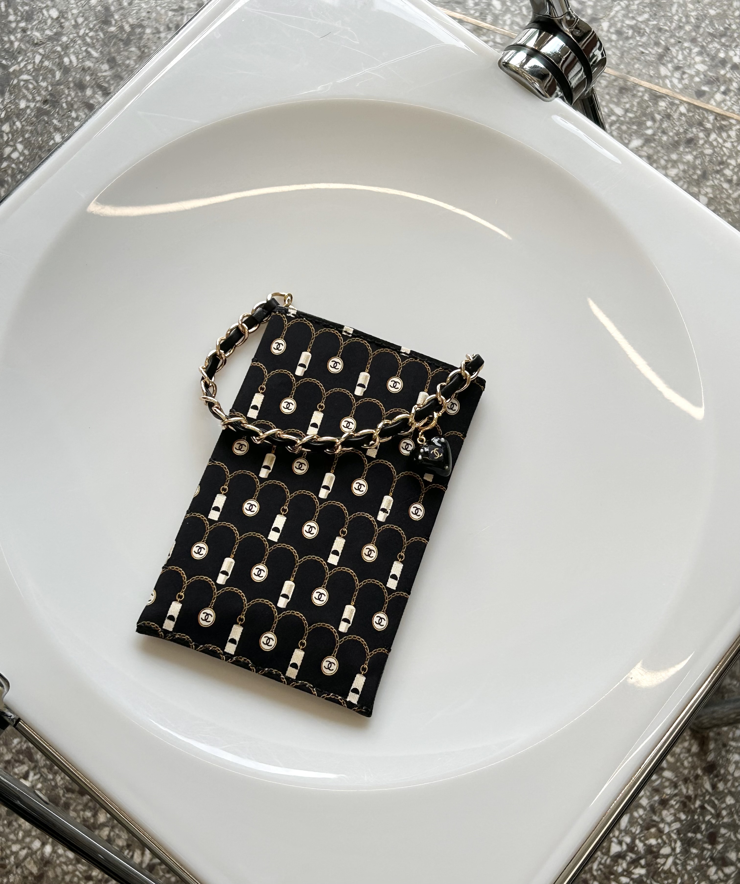 CHANEL silk & learher card chain bag no.42