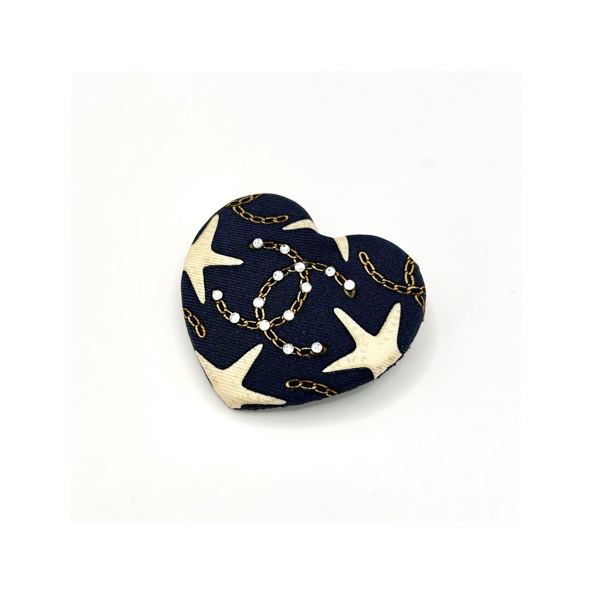 CHANEL navy silk CC heart brooch no.60