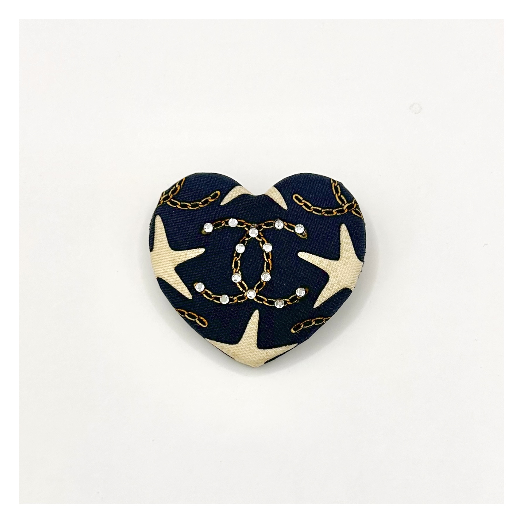 CHANEL navy silk CC heart brooch no.60