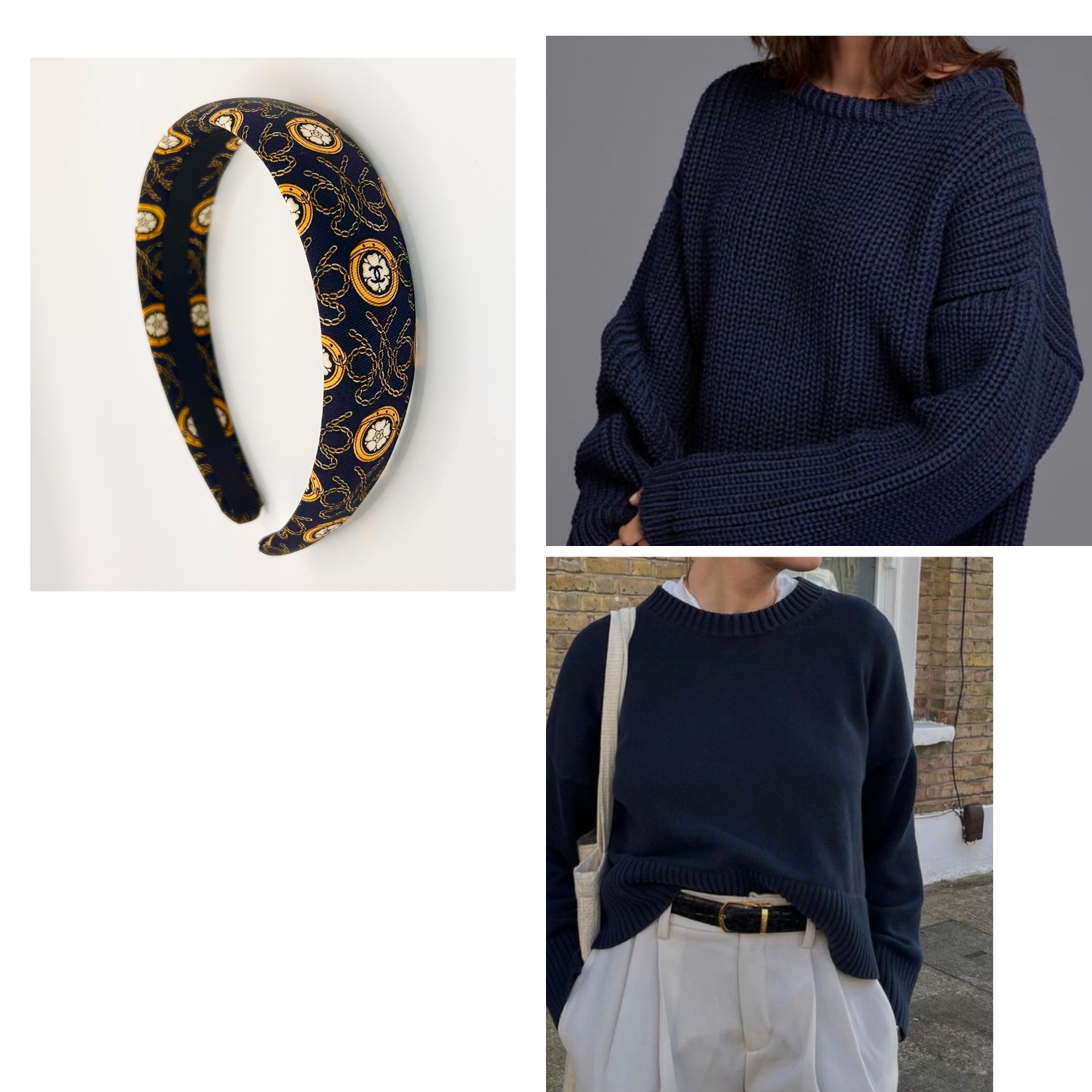 CHANEL navy & yellow silk hair band no.84