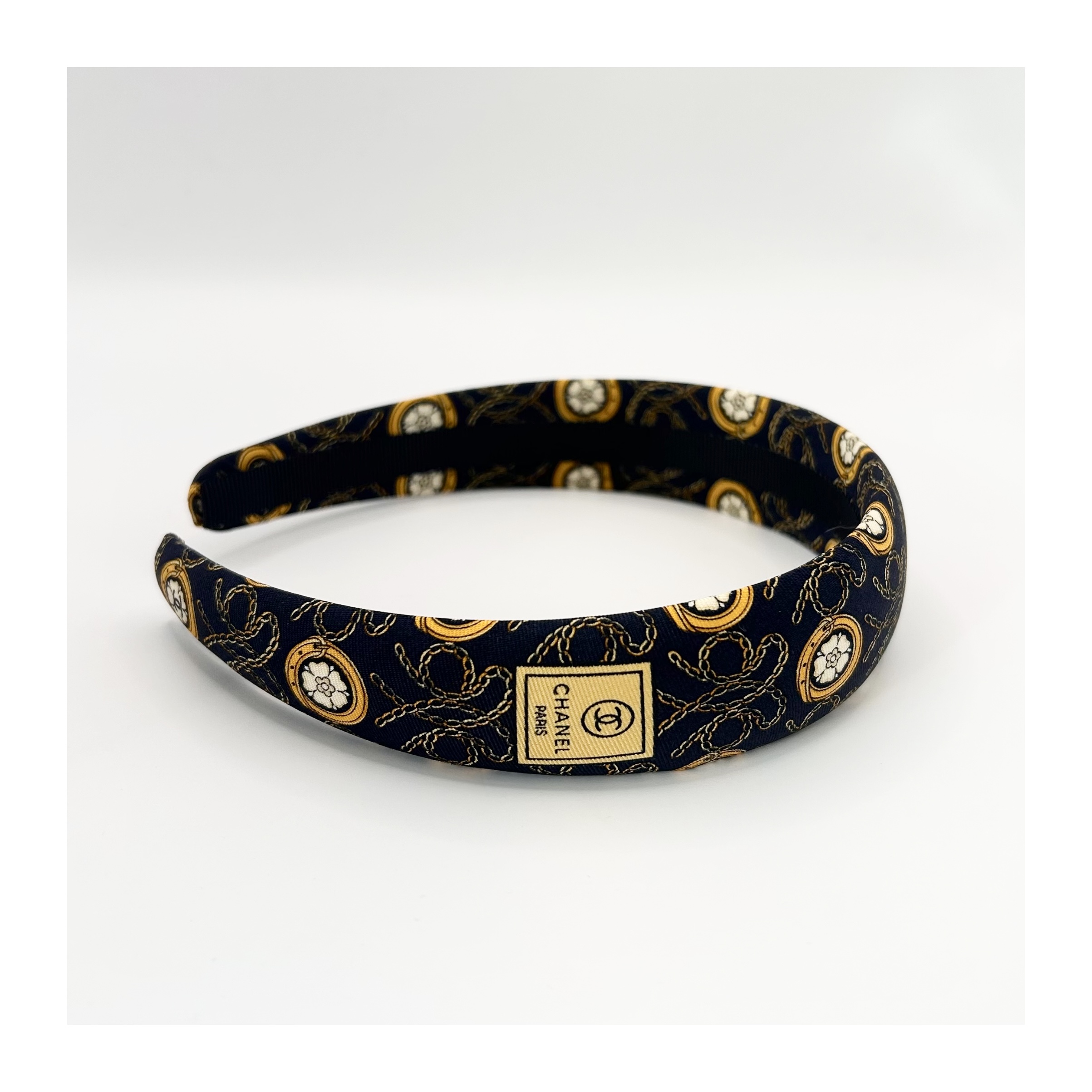 CHANEL navy & yellow silk hair band no.84