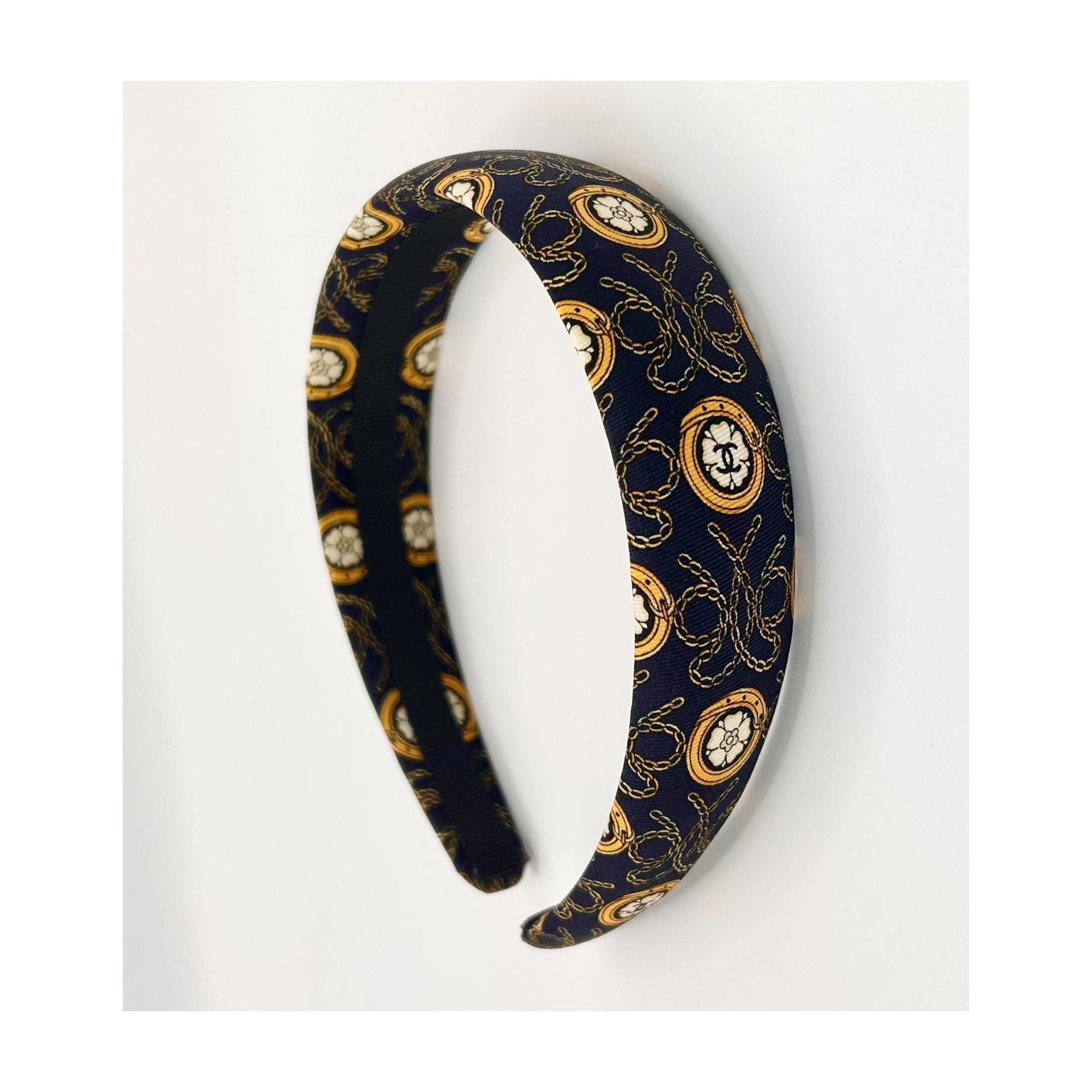 CHANEL navy & yellow silk hair band no.84