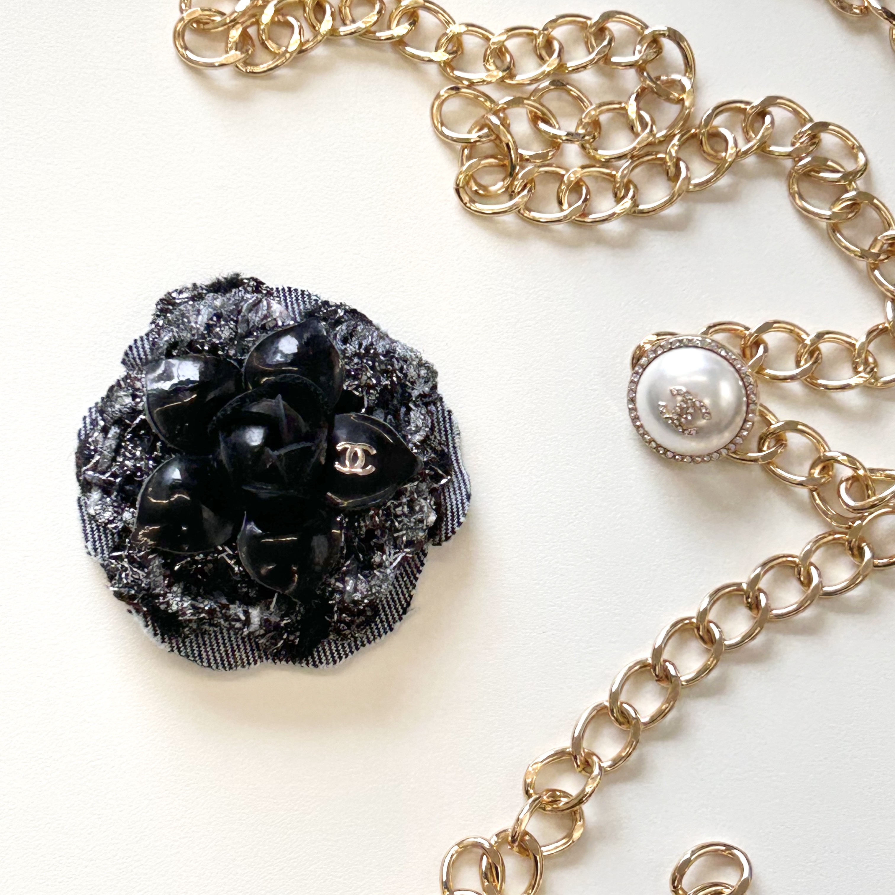 CHANEL enamel&silver&denim Camellia brooch