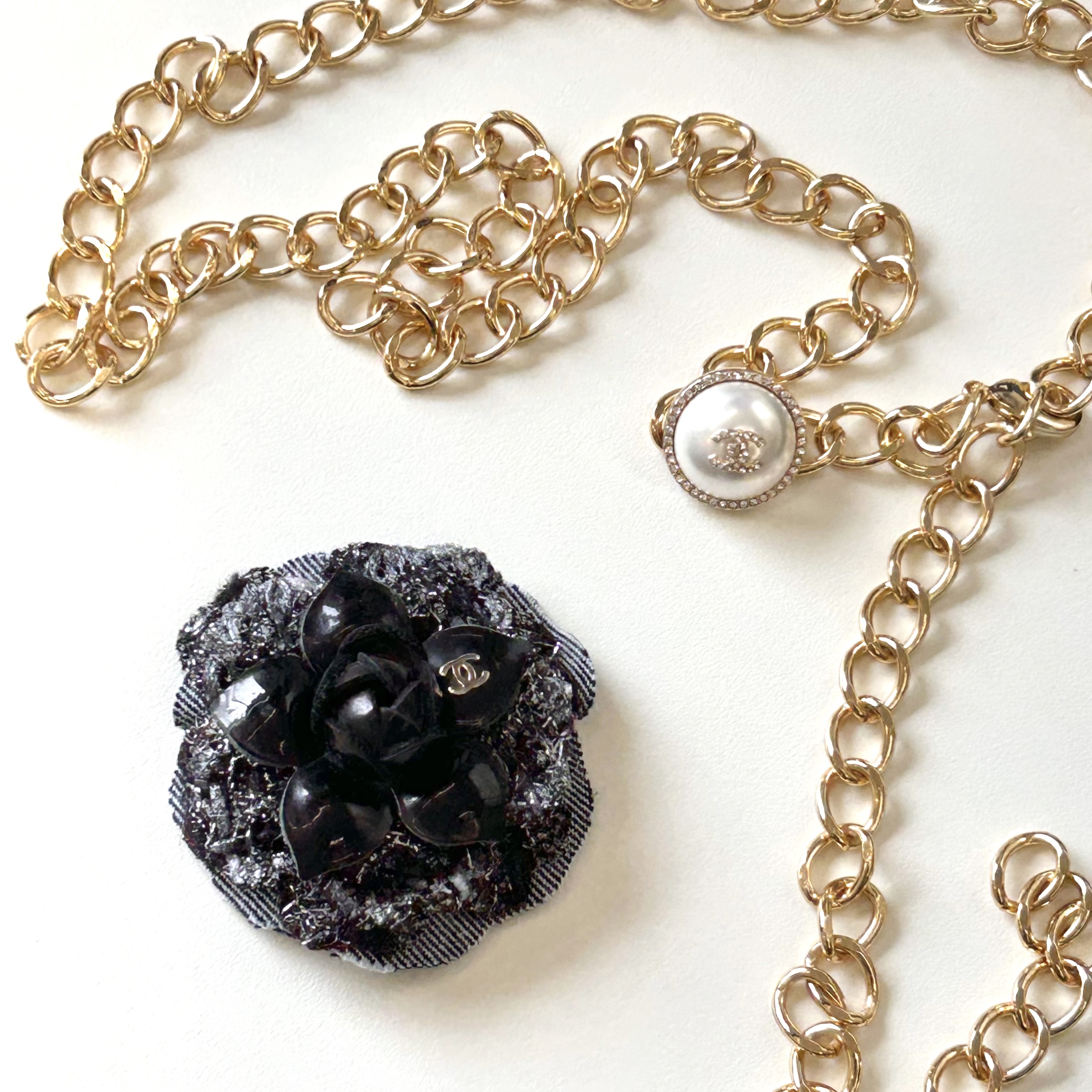 CHANEL enamel&silver&denim Camellia brooch
