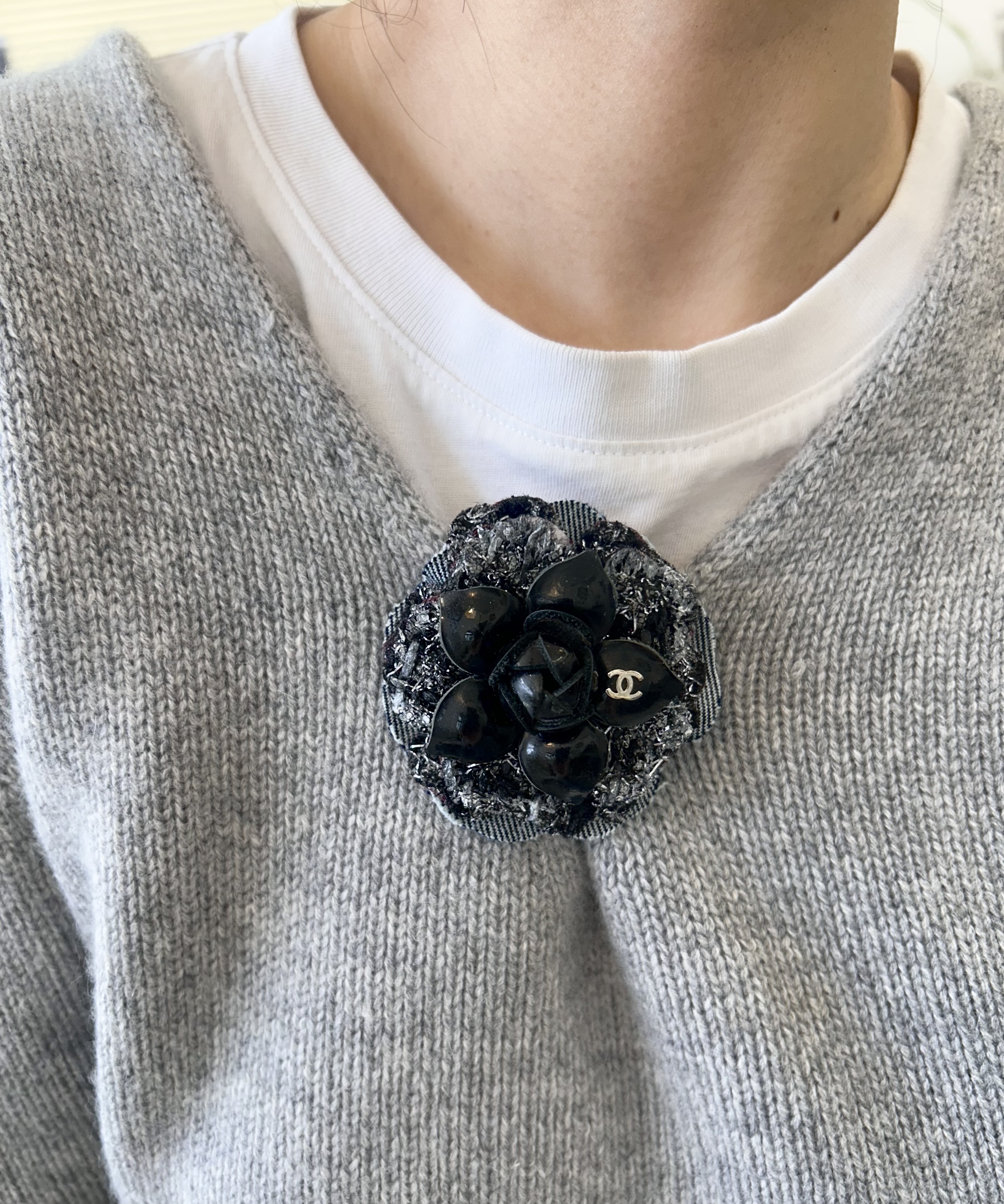 CHANEL enamel&silver&denim Camellia brooch