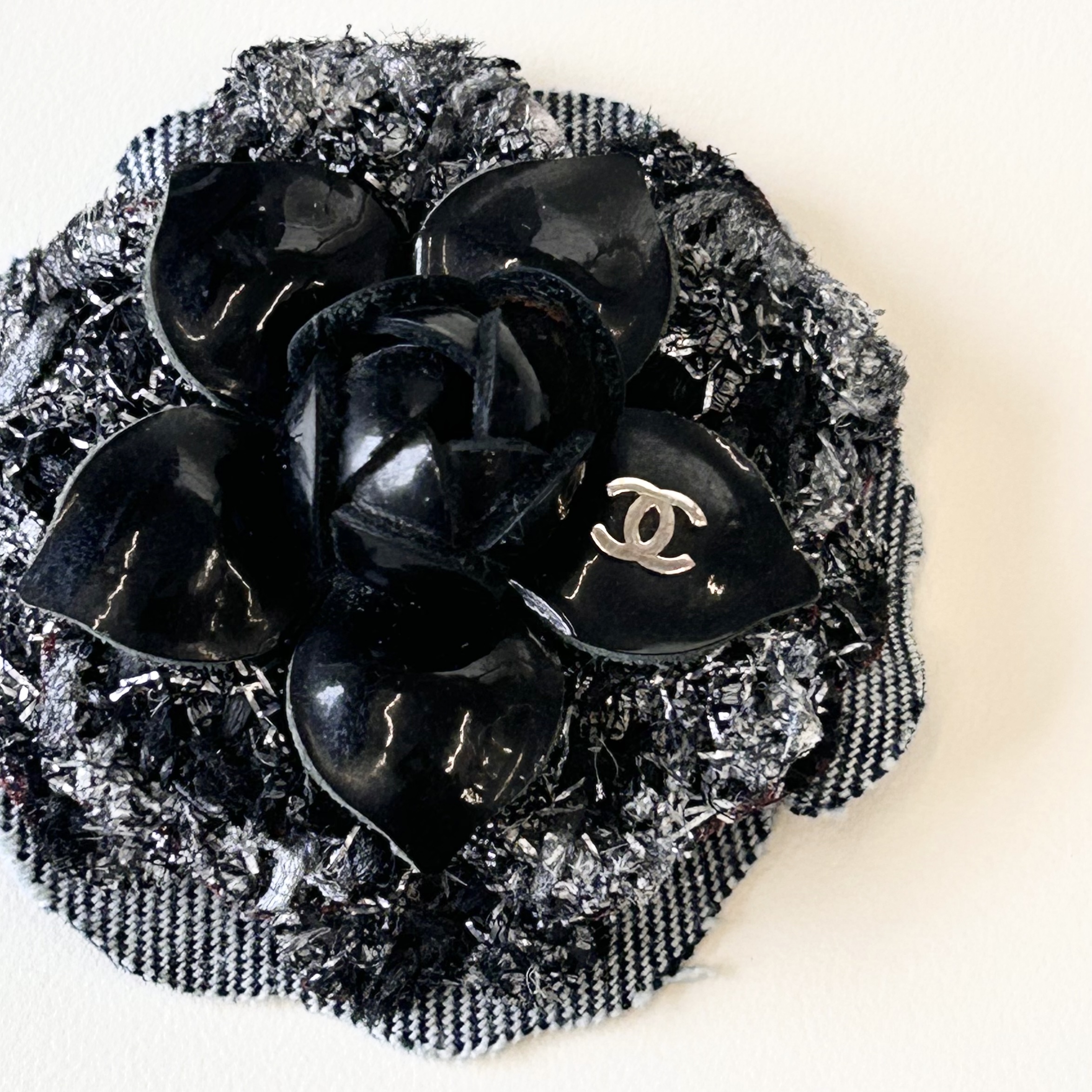 CHANEL enamel&silver&denim Camellia brooch
