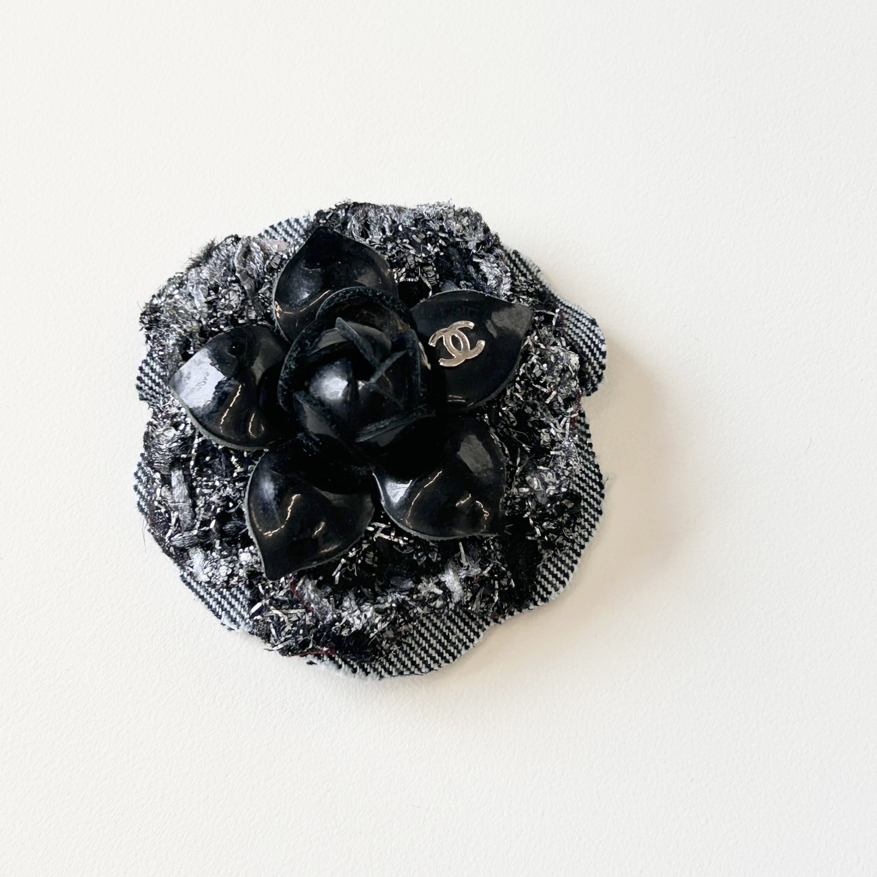 CHANEL enamel&silver&denim Camellia brooch
