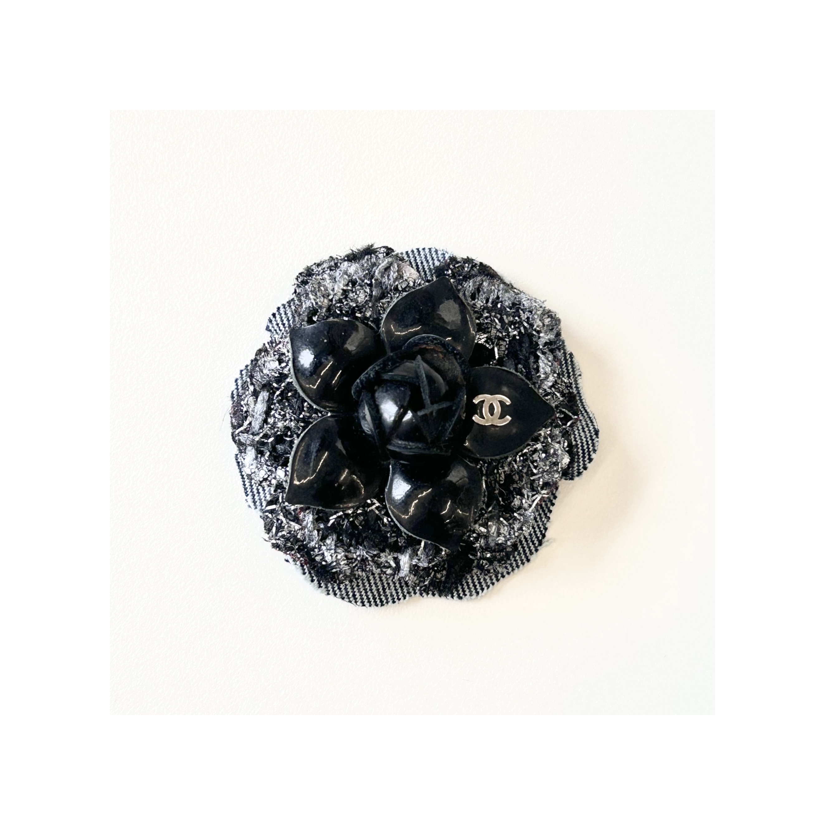 CHANEL enamel&silver&denim Camellia brooch