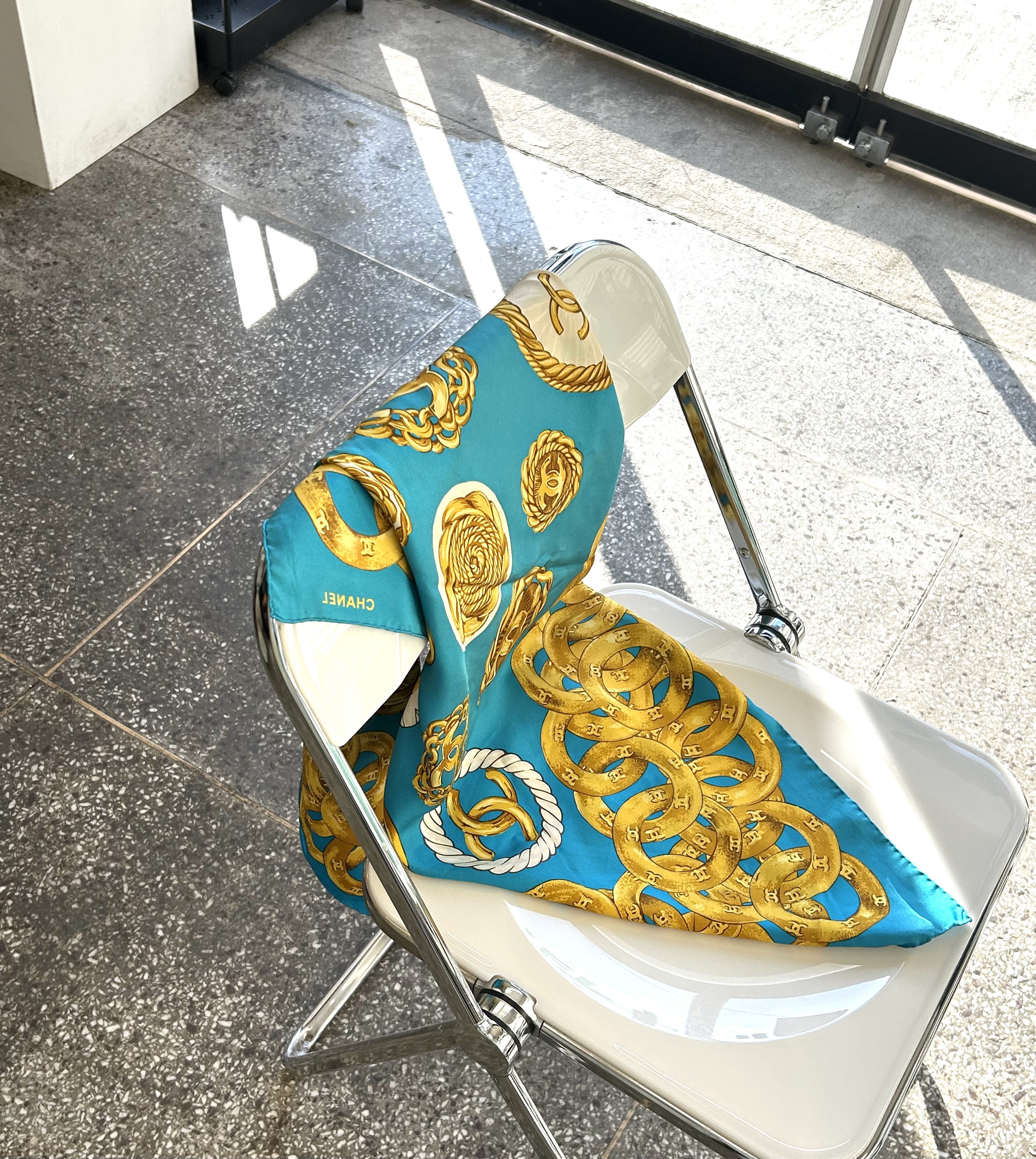vintage CHANEL turquoise blue gold medal scarf
